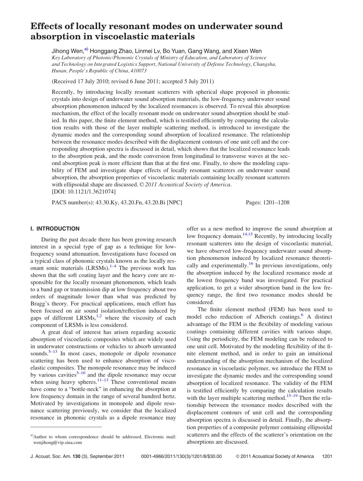 Effects of locally resonant modes on underwater sound absorption in viscoelastic materials by Jihong Wen Honggang Zhao Linmei Lv Bo Yuan Gang Wang and Xisen Wen