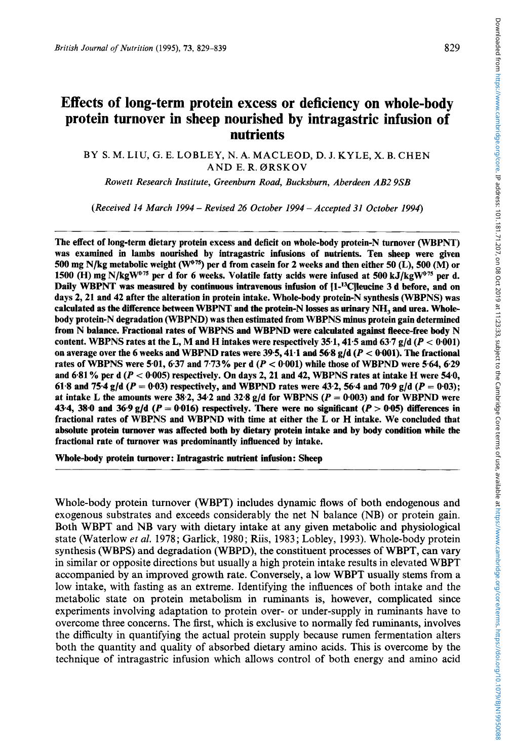 Effects of long-term protein excess or deficiency on whole-body protein turnover in sheep nourished by intragastric infusion of nutrients by S. M. Liu G. E. Lobley N. A. Macleod D. J. Kyle X.B. Chen E.R. Ørskov
