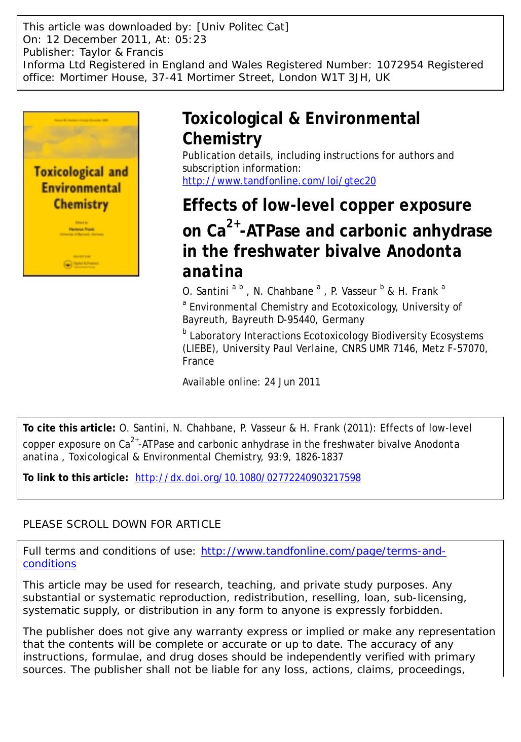 Effects of low-level copper exposure on Ca2+-ATPase and carbonic anhydrase in the freshwater bivalve Anodonta anatina by O. Santini a b N. Chahbane a P. Vasseur b & H. Frank a * hartmut.frank@uni-bayreuth.de