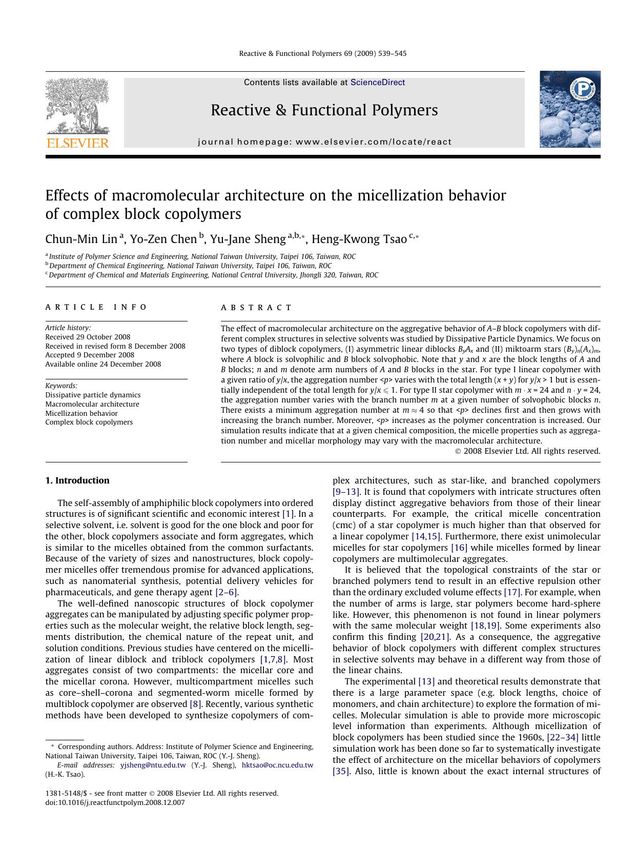 Effects of macromolecular architecture on the micellization behavior of complex block copolymers by Chun-Min Lin; Yo-Zen Chen; Yu-Jane Sheng; Heng-Kwong Tsao