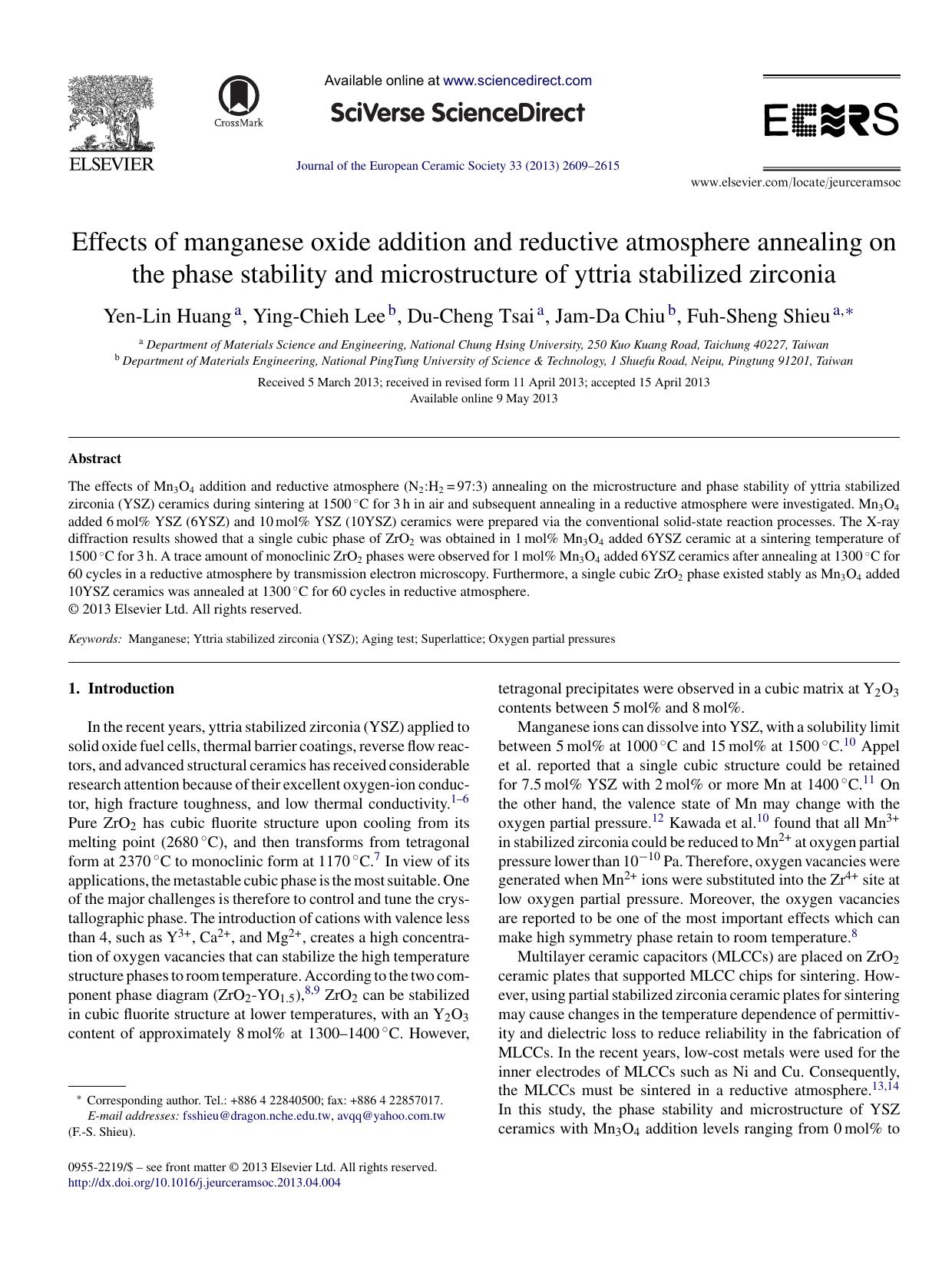 Effects of manganese oxide addition and reductive atmosphere annealing on the phase stability and microstructure of yttria stabilized zirconia by Yen-Lin Huang