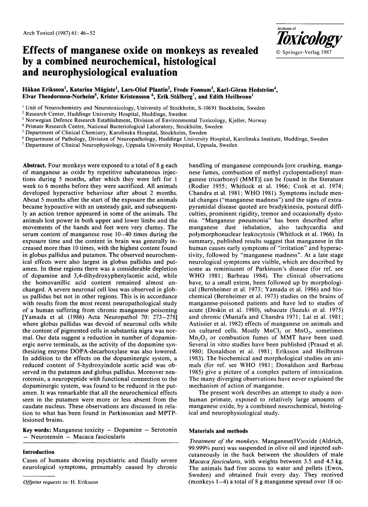 Effects of manganese oxide on monkeys as revealed by a combined neurochemical, histological and neurophysiological evaluation by Unknown