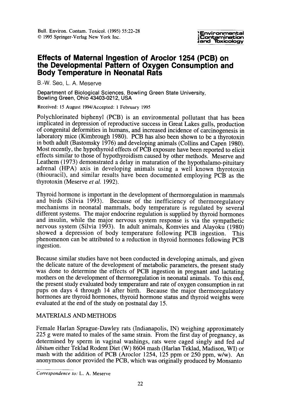 Effects of maternal ingestion of aroclor 1254 (PCB) on the developmental pattern of oxygen consumption and body temperature in neonatal rats by Unknown