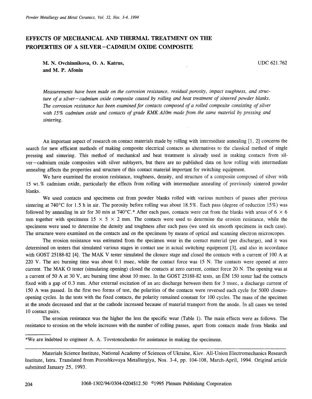 Effects of mechanical and thermal treatment on the properties of a silver-cadmium oxide composite by Unknown