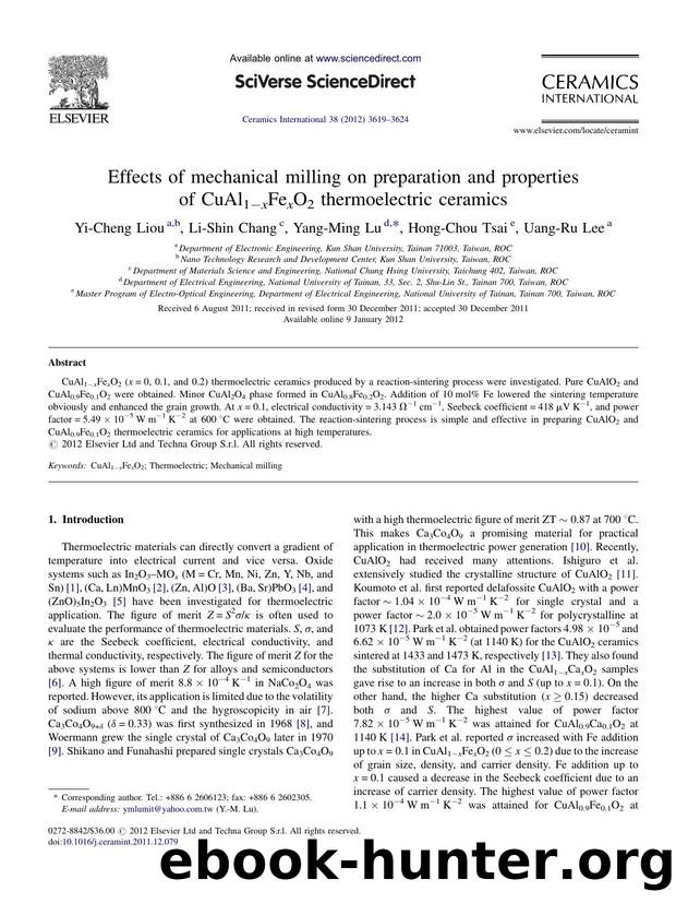 Effects of mechanical milling on preparation and properties of CuAl1âxFexO2 thermoelectric ceramics by Yi-Cheng Liou