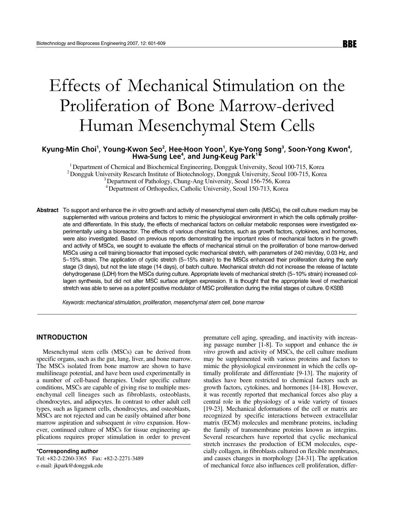 Effects of mechanical stimulation on the proliferation of bone marrow-derived human mesenchymal stem cells by Unknown