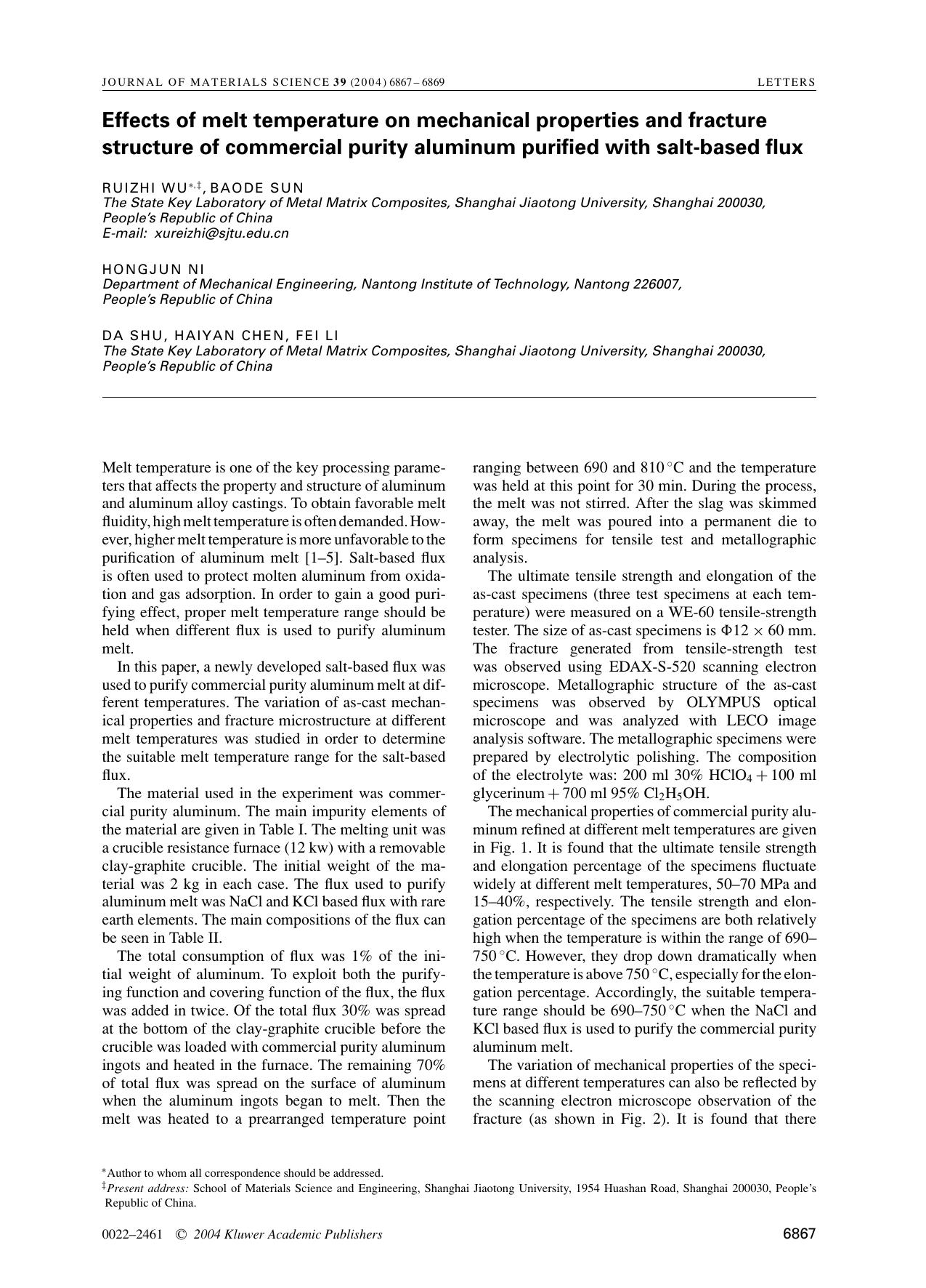 Effects of melt temperature on mechanical properties and fracture structure of commercial purity aluminum purified with salt-based flux by Unknown