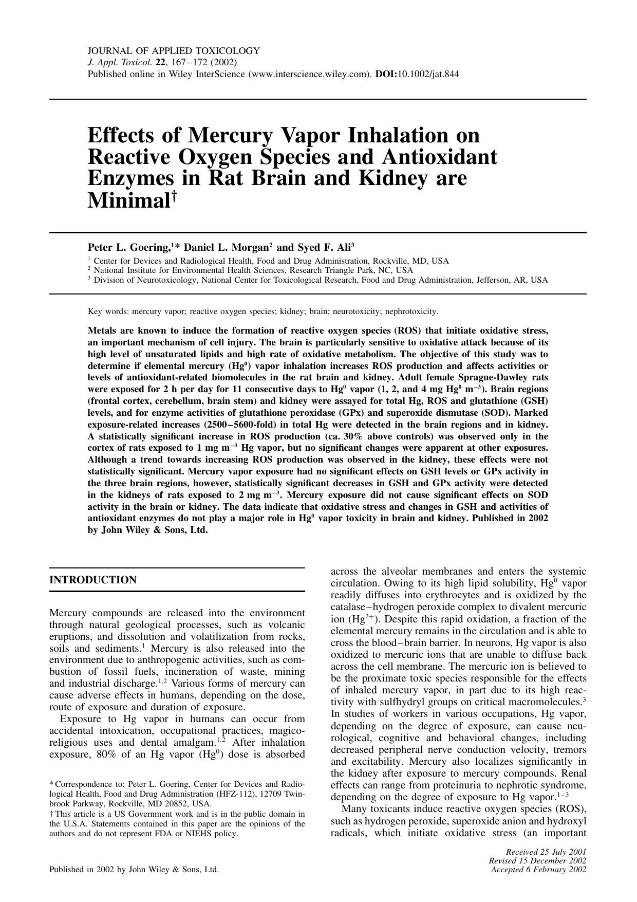 Effects of mercury vapor inhalation on reactive oxygen species and antioxidant enzymes in rat brain and kidney are minimal by Unknown