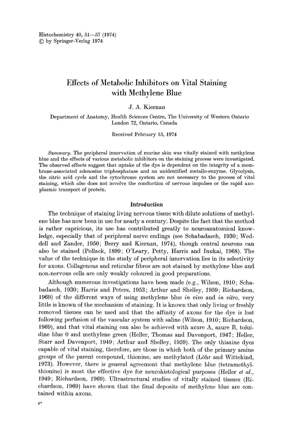 Effects of metabolic inhibitors on vital staining with methylene blue by Unknown