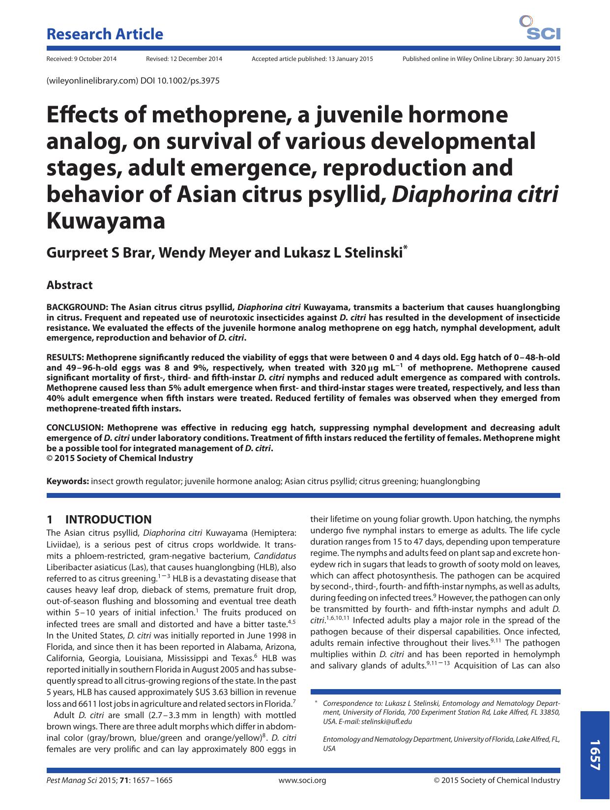 Effects of methoprene, a juvenile hormone analog, on survival of various developmental stages, adult emergence, reproduction and behavior of Asian citrus psyllid, Diaphorina citri Kuwayama by Unknown