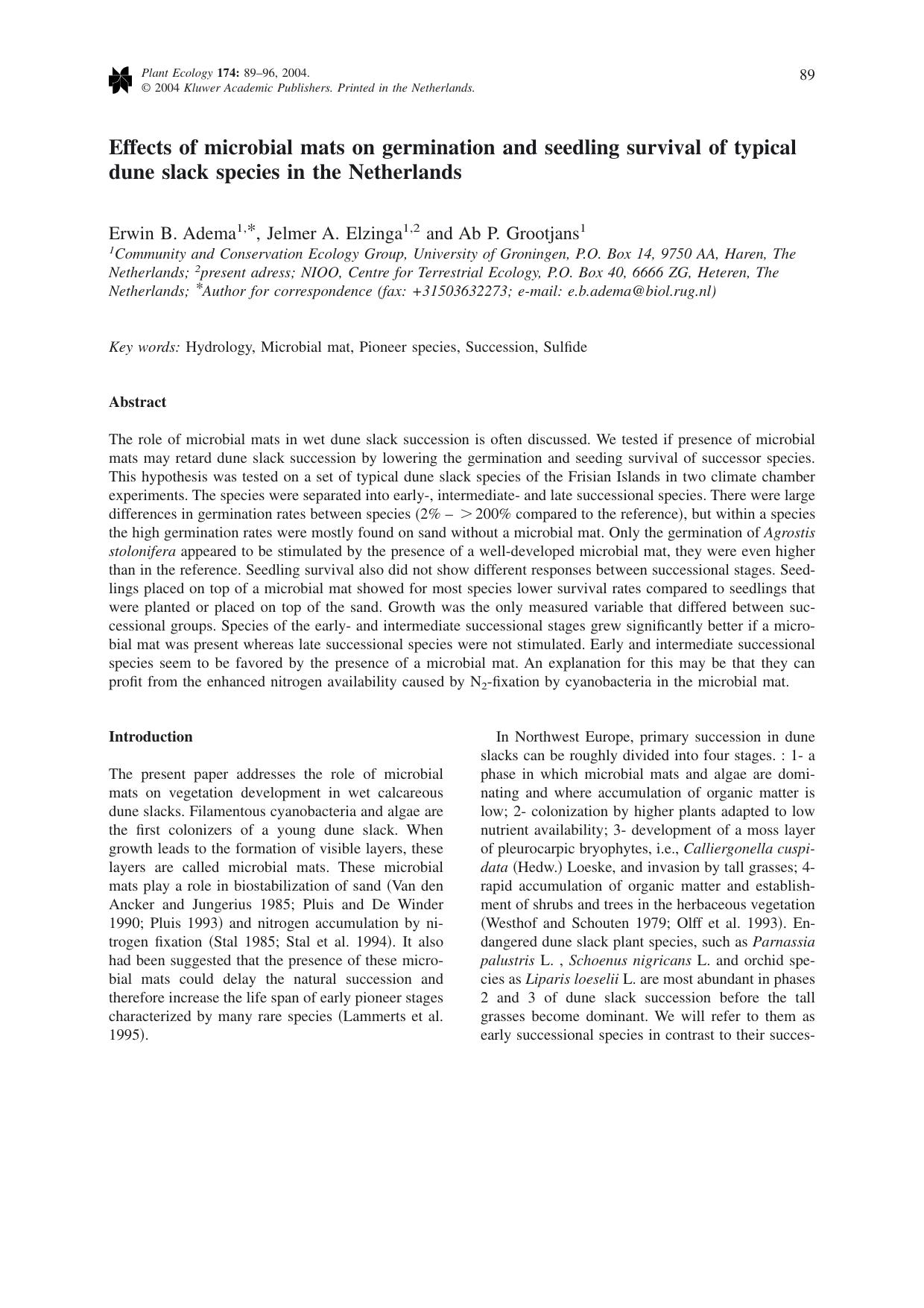 Effects of microbial mats on germination and seedling survival of typical dune slack species in the Netherlands by Unknown