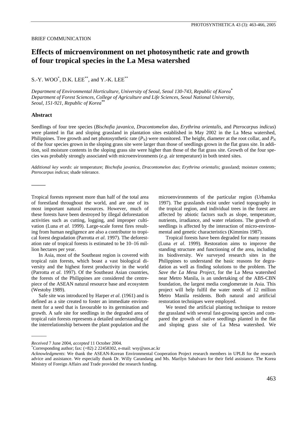 Effects of microenvironment on net photosynthetic rate and growth of four tropical species in the La Mesa watershed by Unknown