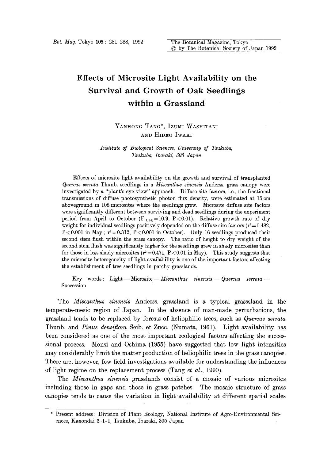 Effects of microsite light availability on the survival and growth of oak seedlings within a grassland by Unknown