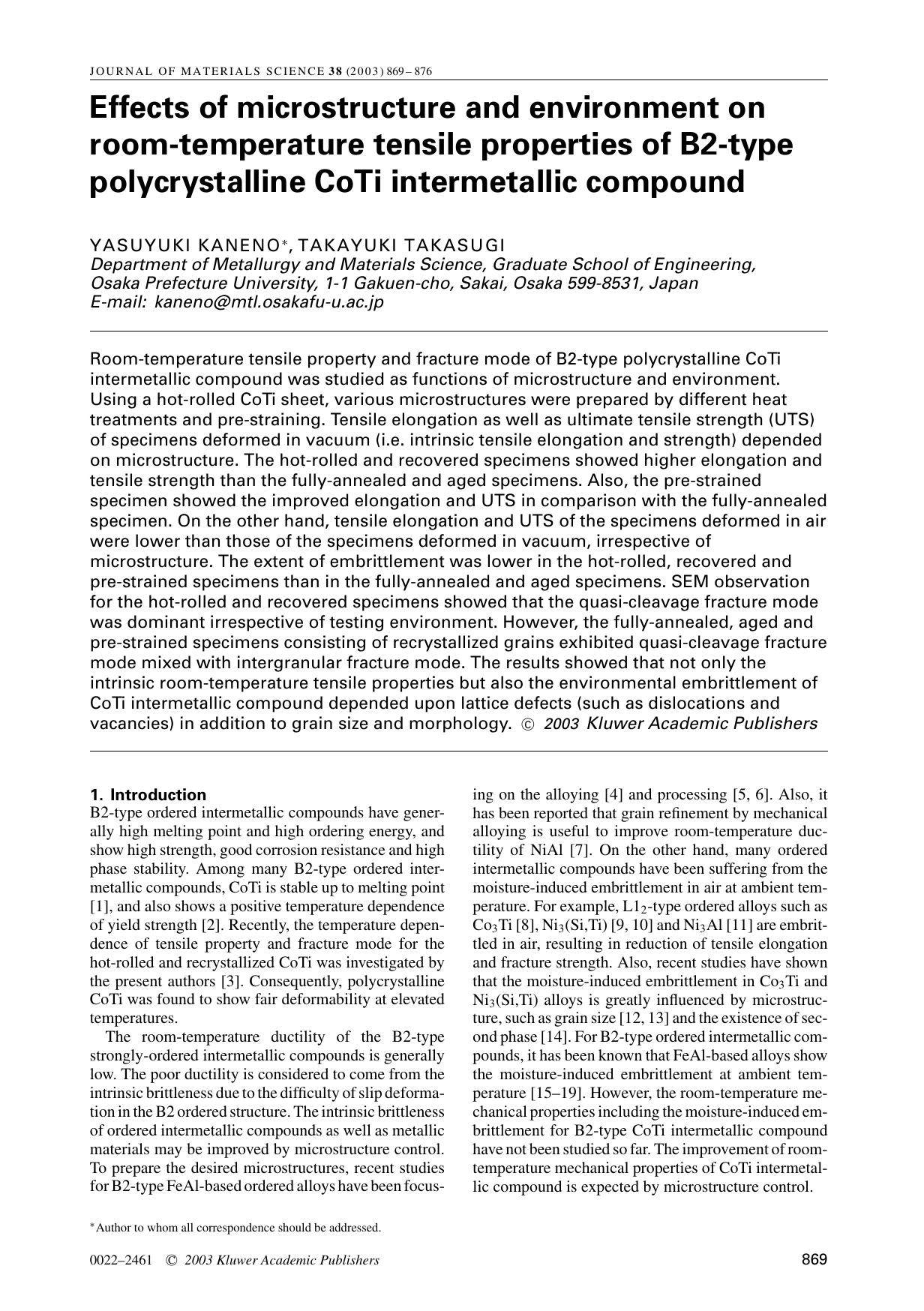Effects of microstructure and environment on room-temperature tensile properties of B2-type polycrystalline CoTi intermetallic compound by Unknown
