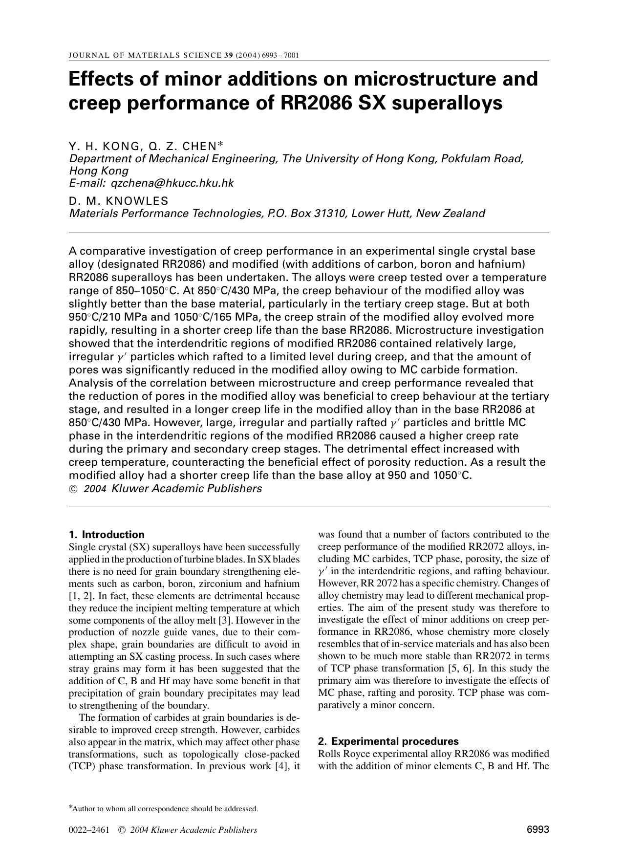Effects of minor additions on microstructure and creep performance of RR2086 SX superalloys by Unknown