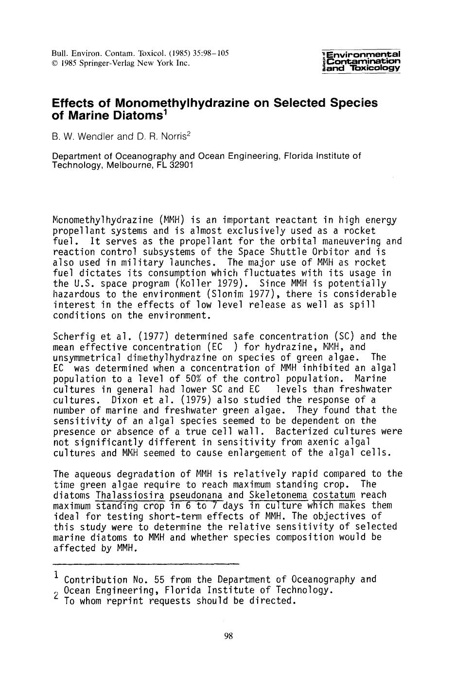 Effects of monomethylhydrazine on selected species of marine diatoms by Unknown