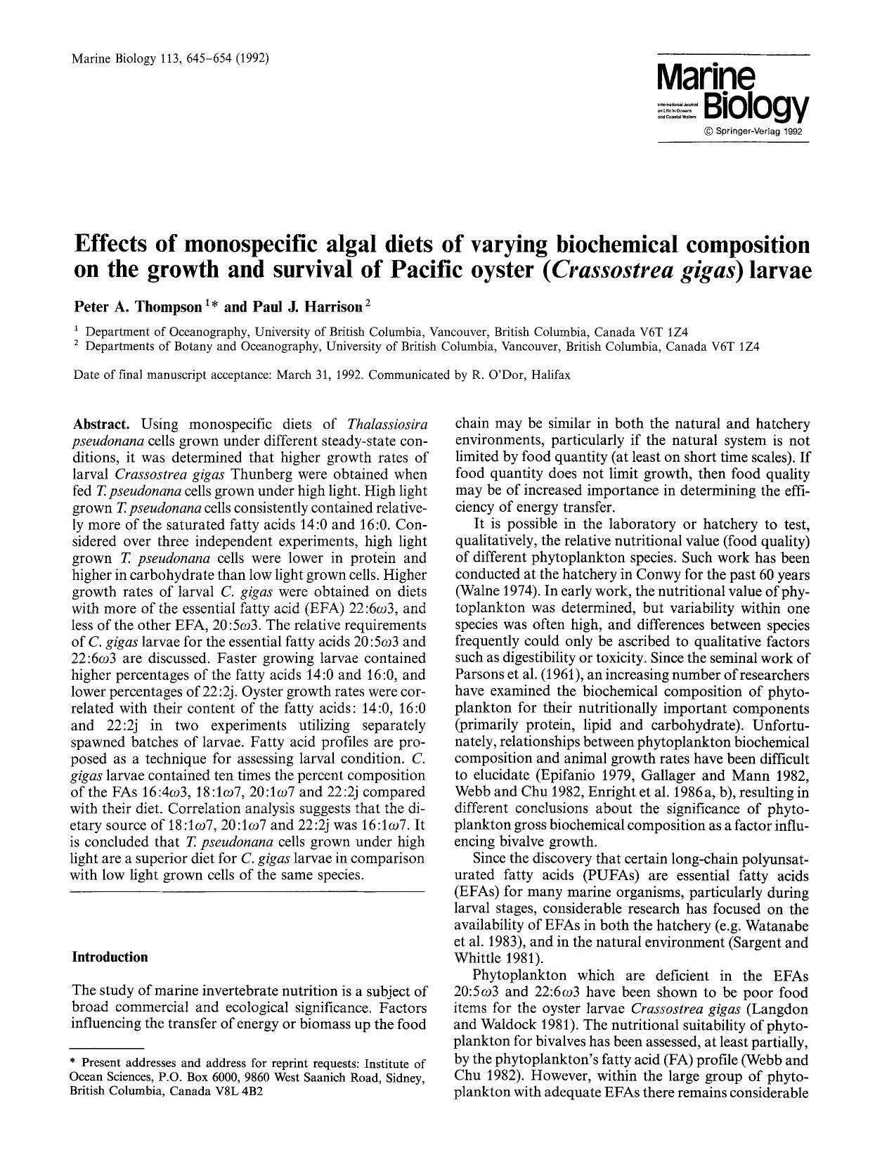 Effects of monospecific algal diets of varying biochemical composition on the growth and survival of Pacific oyster (<Emphasis Type="Italic">Crassostrea gigas<Emphasis>) larvae by Unknown