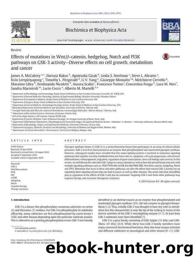 Effects of mutations in WntÎ²-catenin, hedgehog, Notch and PI3K pathways on GSK-3 activityâDiverse effects on cell growth, metabolism and cancer by unknow