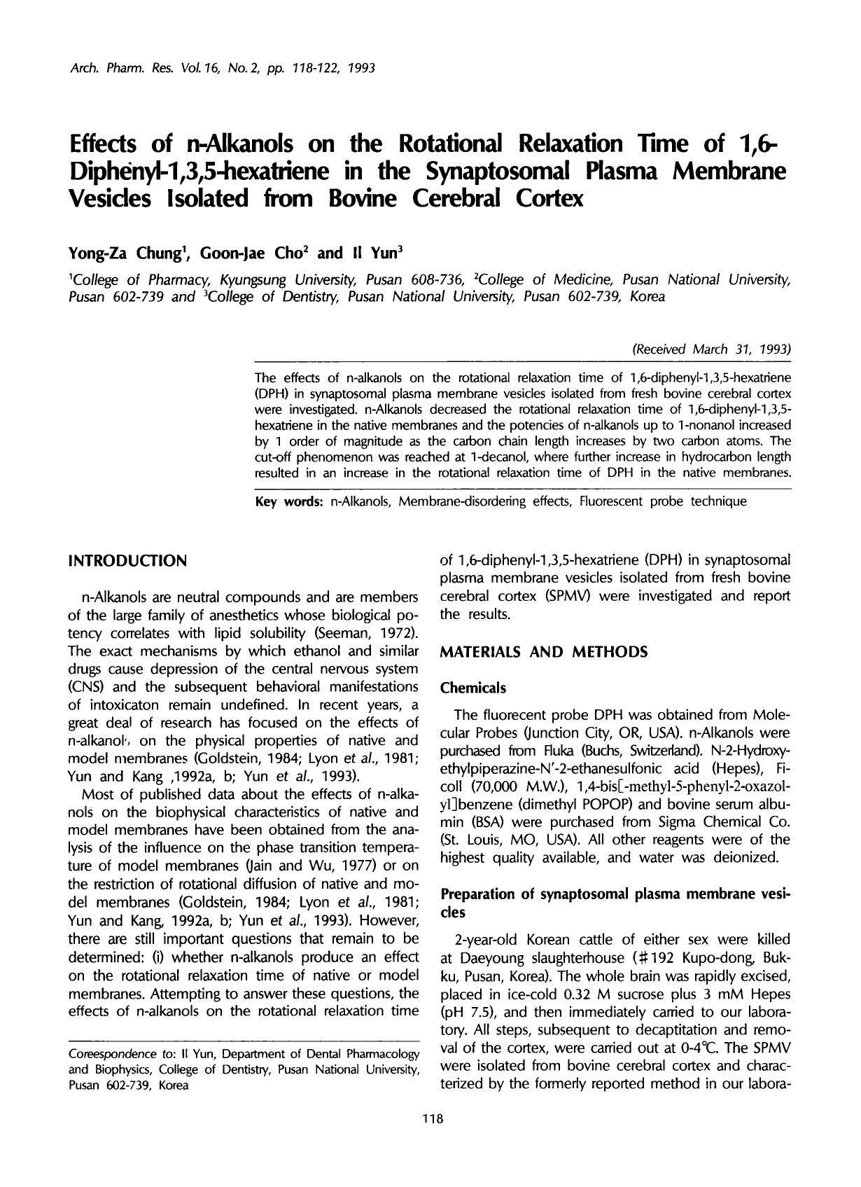 Effects of n-alkanols on the rotational relaxation time of 1,6-Diphenyl-1,3,5-hexatriene in the synaptosomal plasma membrane vesicles isolated from bovine cerebral cortex by Unknown