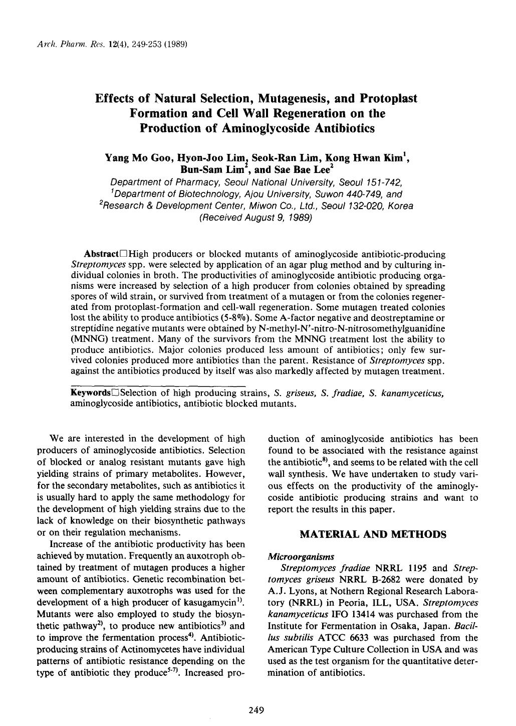 Effects of natural selection, mutagenesis, and protoplast formation and cell wall regeneration on the production of aminoglycoside antibitics by Unknown