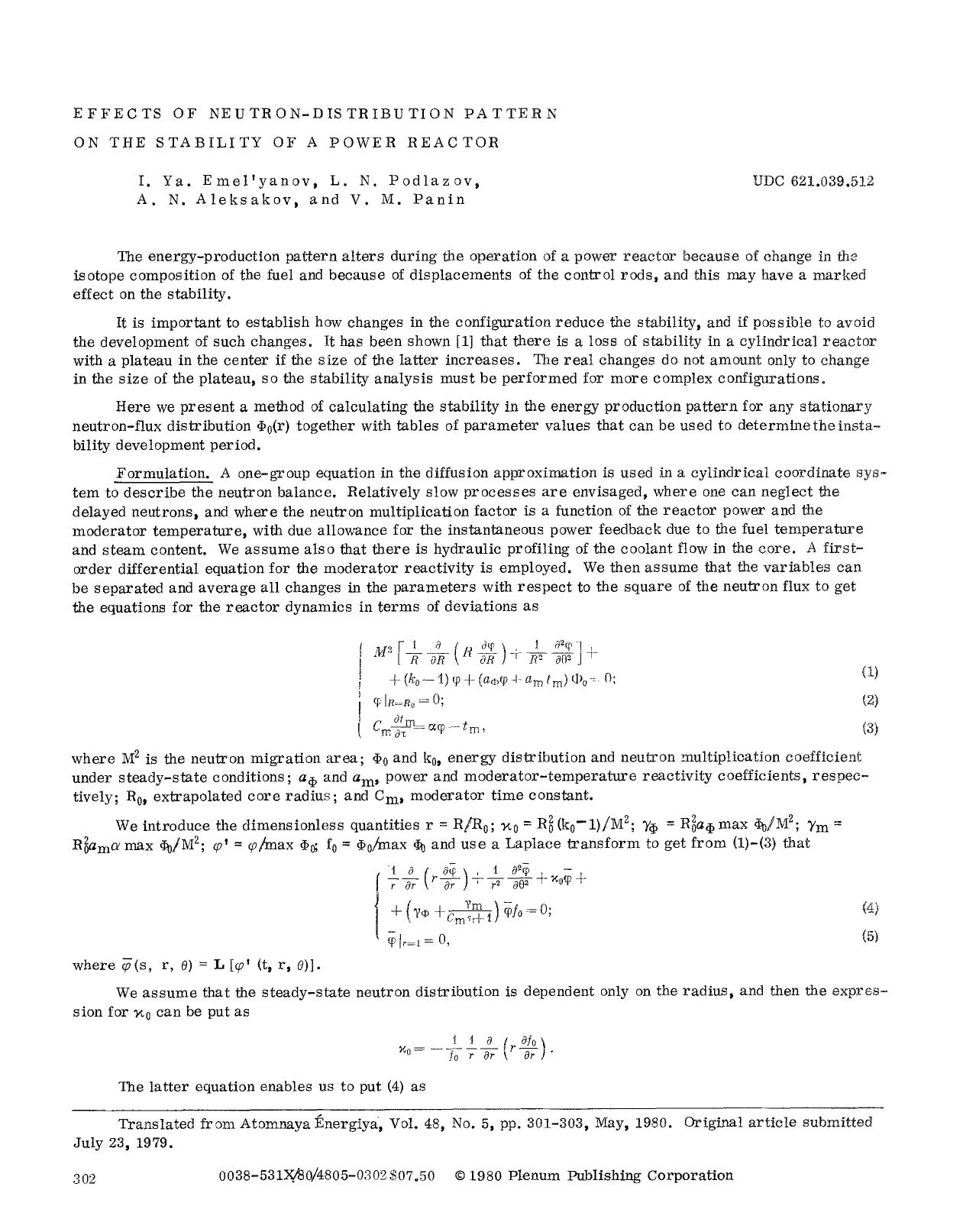 Effects of neutron-distribution pattern on the stability of a power reactor by Unknown