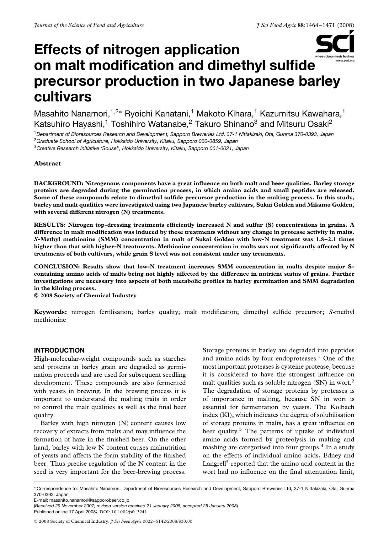 Effects of nitrogen application on malt modification and dimethyl sulfide precursor production in two Japanese barley cultivars by Unknown