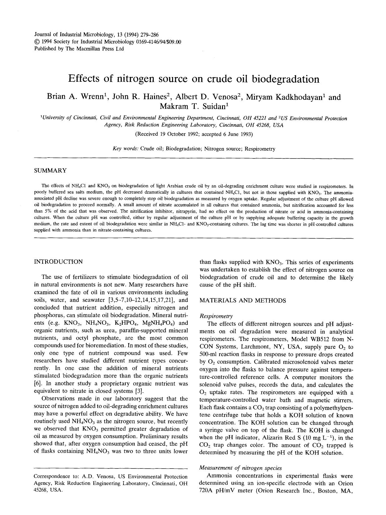 Effects of nitrogen source on crude oil biodegradation by Unknown