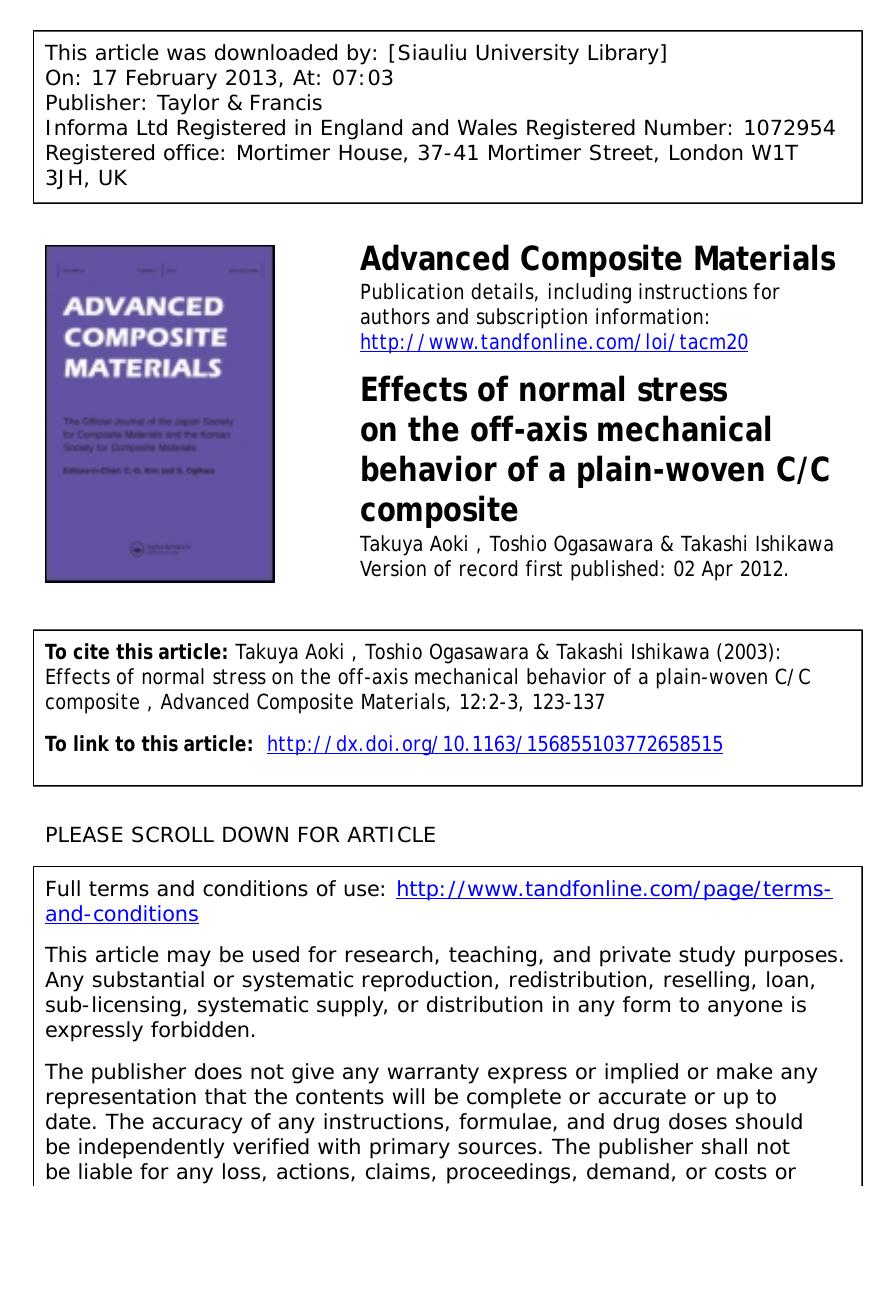Effects of normal stress on the off-axis mechanical behavior of a plain-woven CC composite by Takuya Aoki Toshio Ogasawara & Takashi Ishikawa