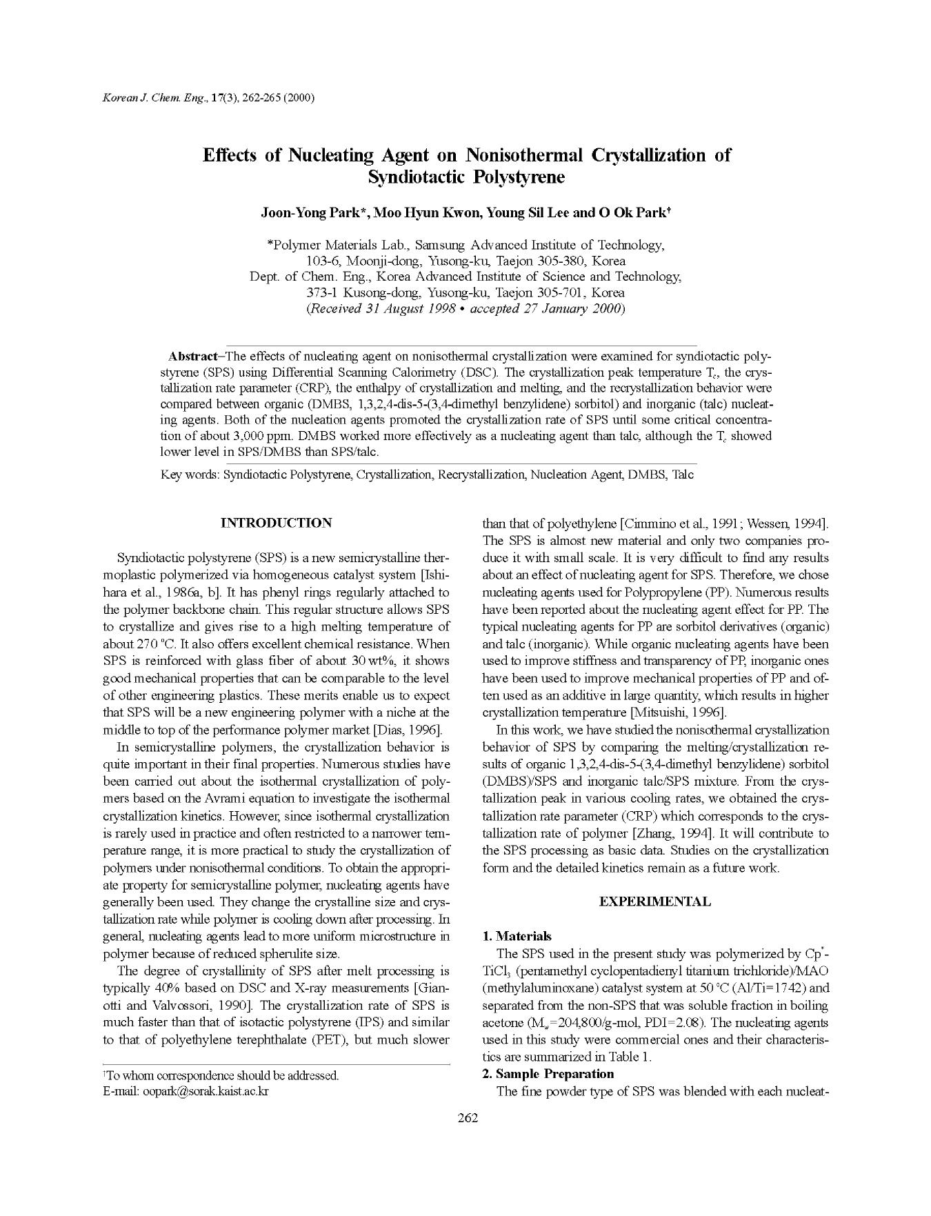 Effects of nucleating agent on nonisothermal crystallization of syndiotactic polystyrene by Unknown