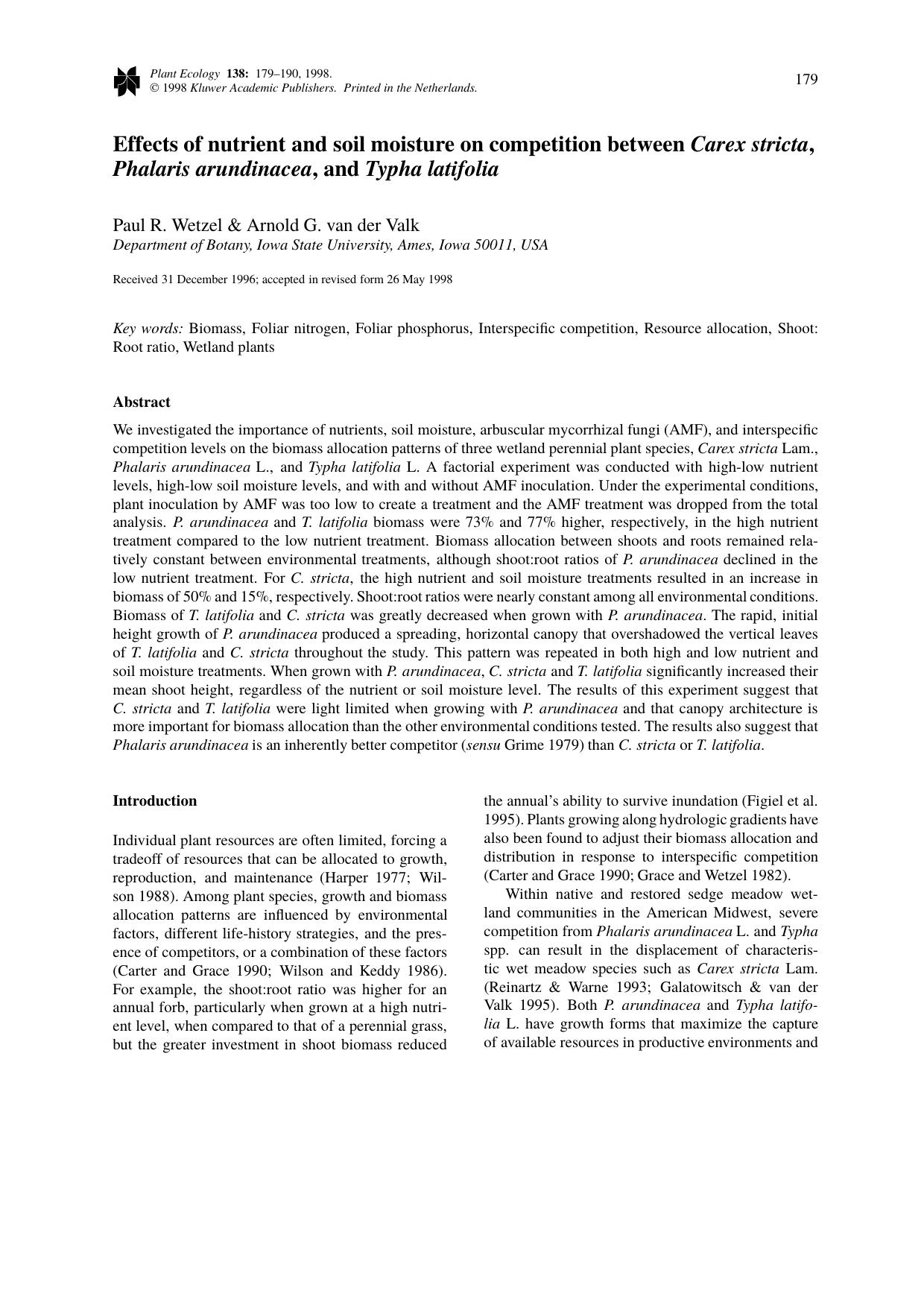Effects of nutrient and soil moisture on competition between shape Carex stricta, shape Phalaris arundinacea, and shape Typha latifolia by Unknown