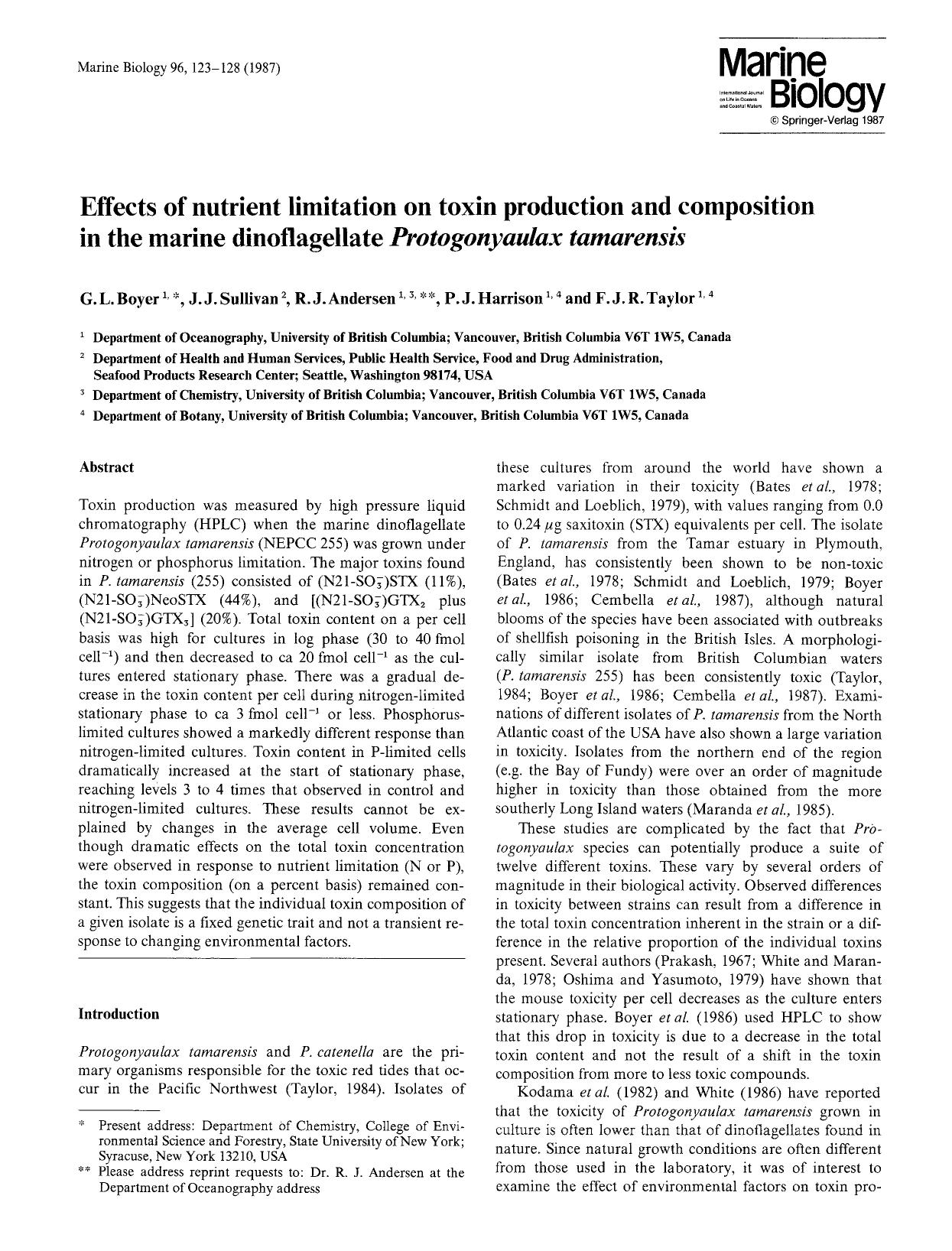 Effects of nutrient limitation on toxin production and composition in the marine dinoflagellate <Emphasis Type="Italic">Protogonyaulax tamarensis<Emphasis> by Unknown