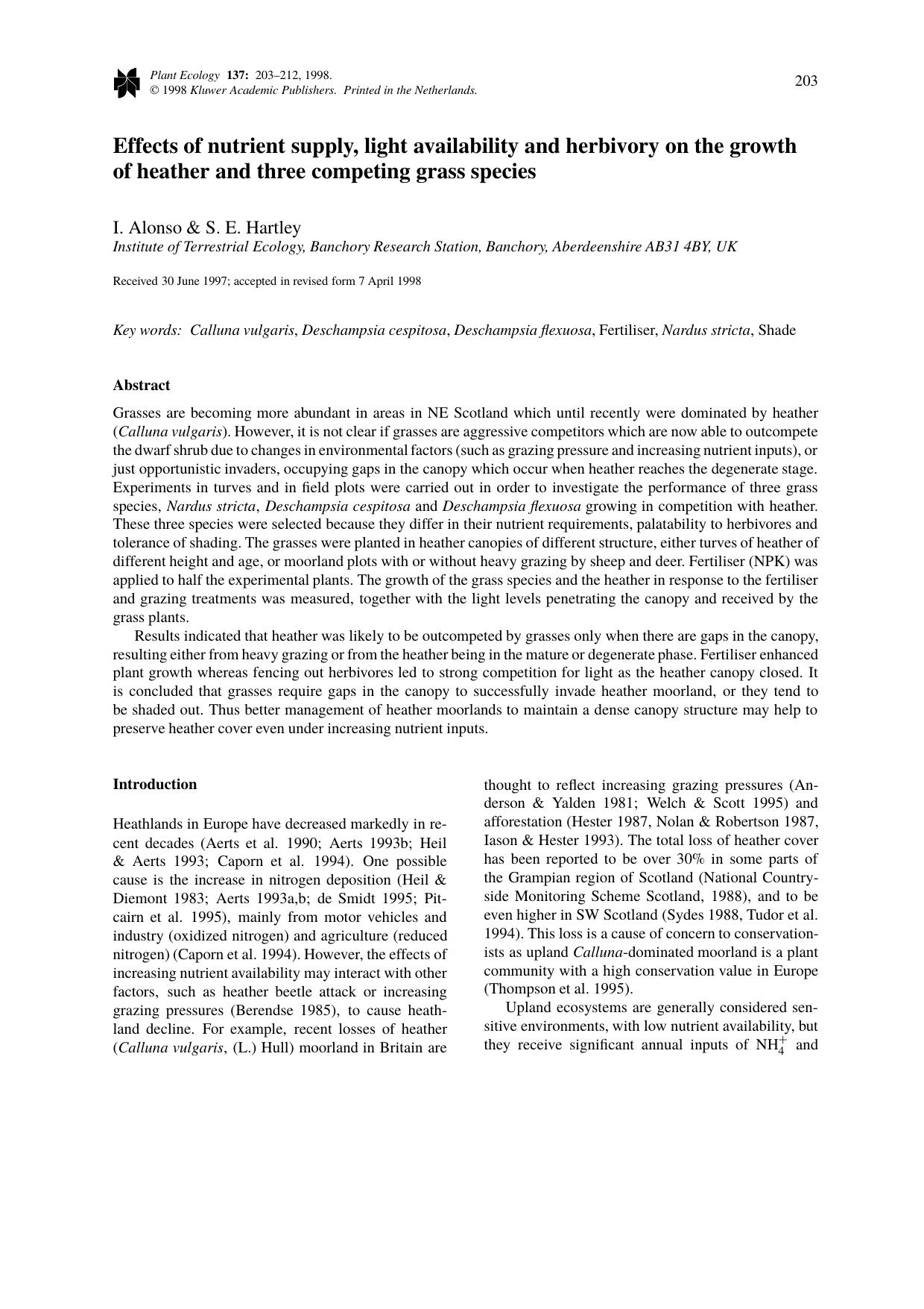 Effects of nutrient supply, light availability and herbivory on the growth of heather and three competing grass species by Unknown