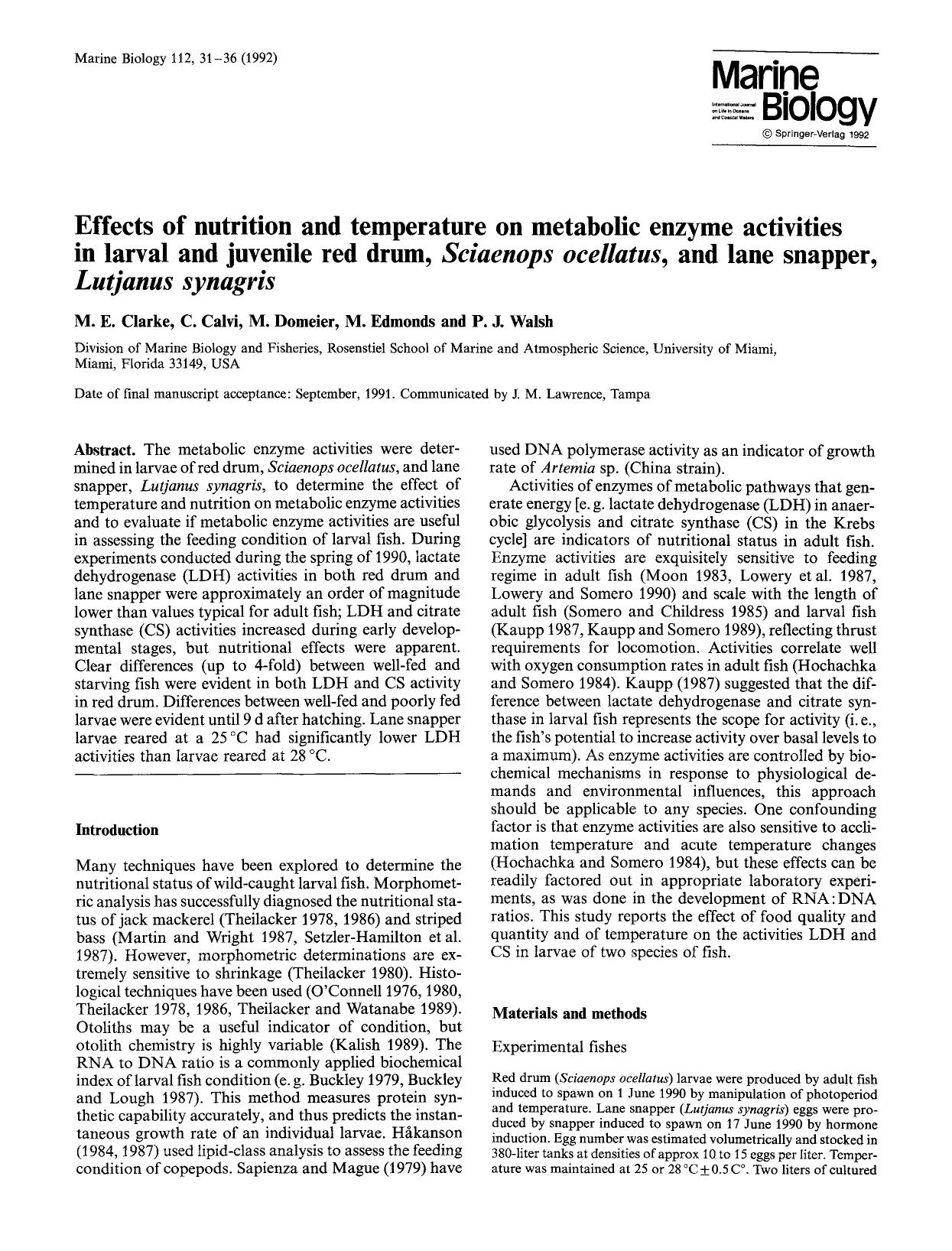 Effects of nutrition and temperature on metabolic enzyme activities in larval and juvenile red drum, <Emphasis Type="Italic">Sciaenops ocellatus<Emphasis>, and lane snapper, <Empha by Unknown