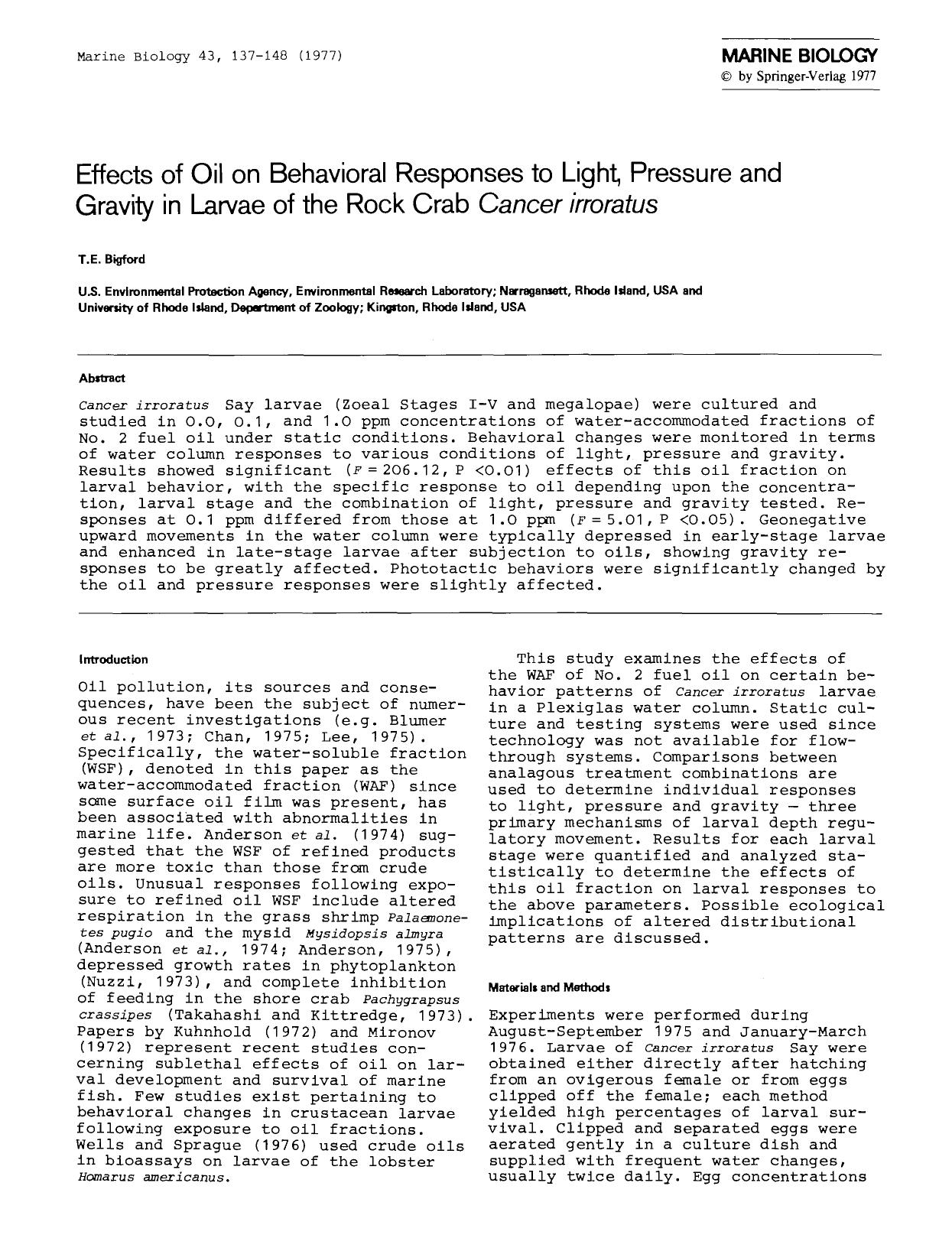 Effects of oil on behavioral responses to light, pressure and gravity in larvae of the rock crab <Emphasis Type="Italic">Cancer irroratus<Emphasis> by Unknown