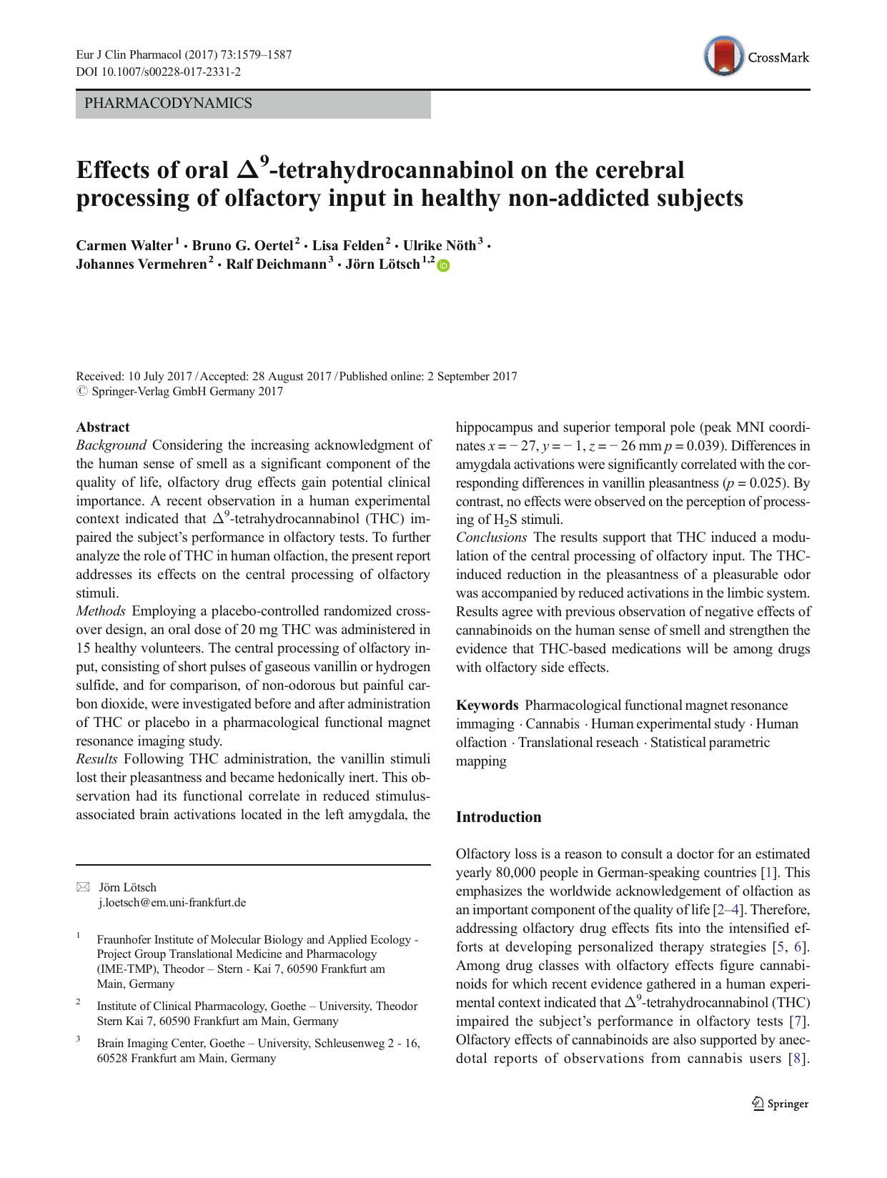 Effects of oral Î9-tetrahydrocannabinol on the cerebral processing of olfactory input in healthy non-addicted subjects by unknow