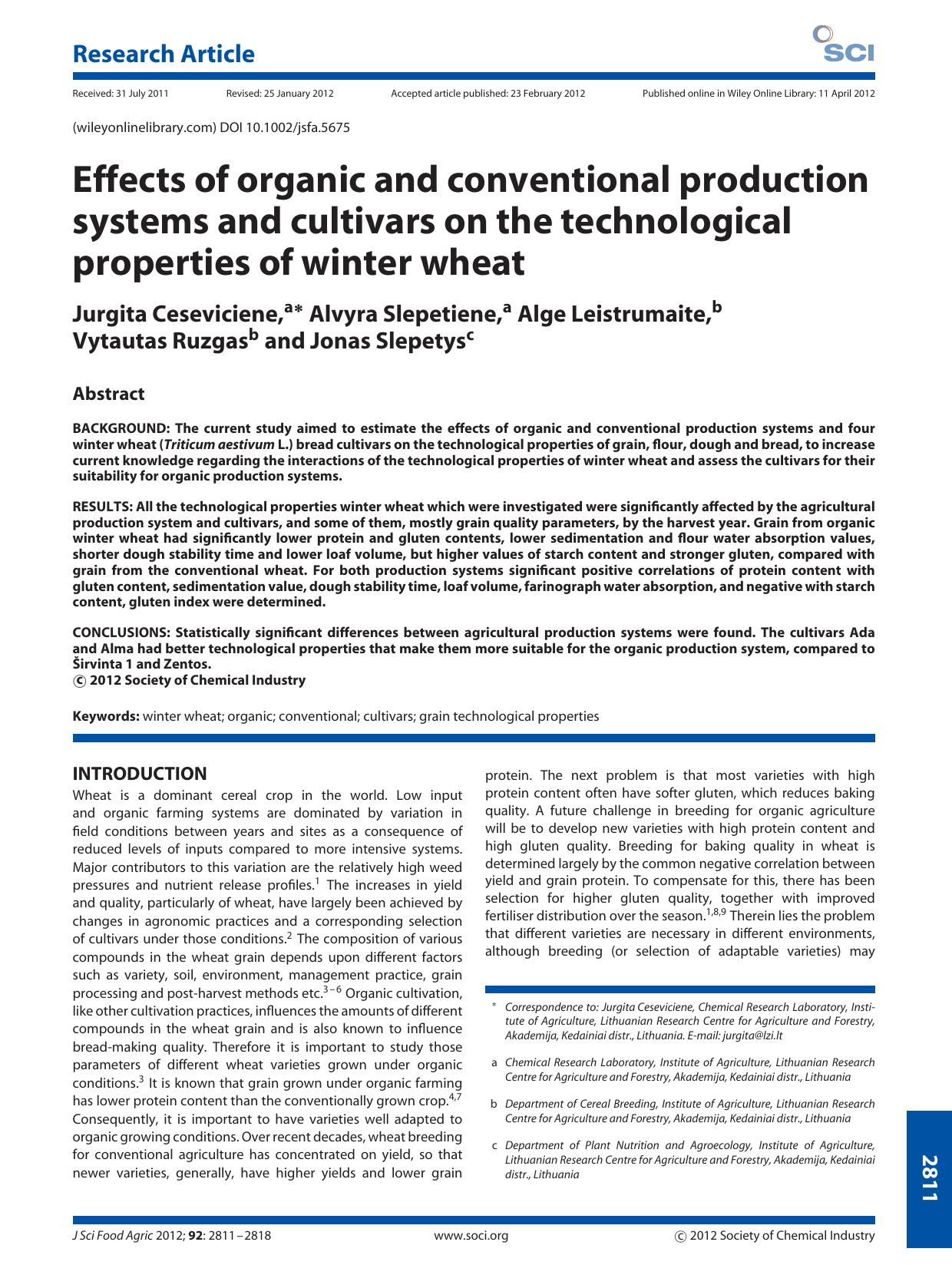Effects of organic and conventional production systems and cultivars on the technological properties of winter wheat by Unknown