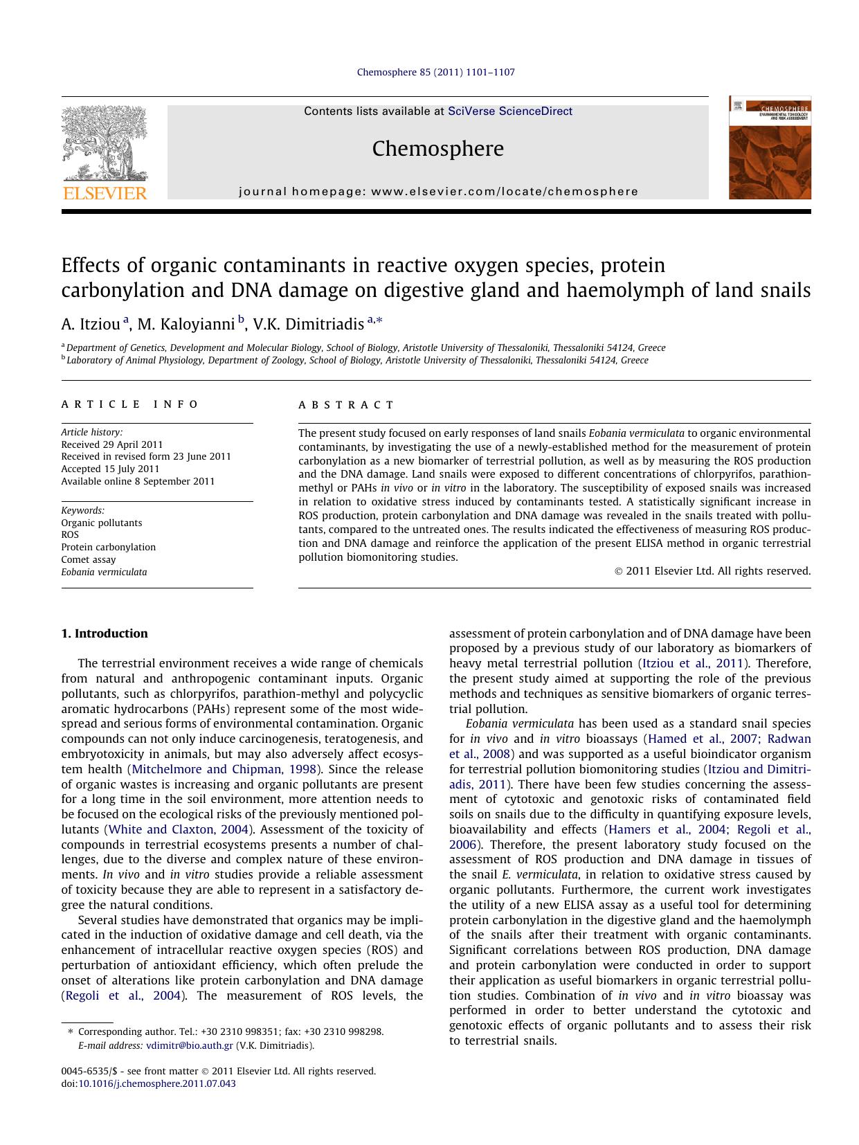 Effects of organic contaminants in reactive oxygen species, protein carbonylation and DNA damage on digestive gland and haemolymph of land snails by A. Itziou & M. Kaloyianni & V.K. Dimitriadis