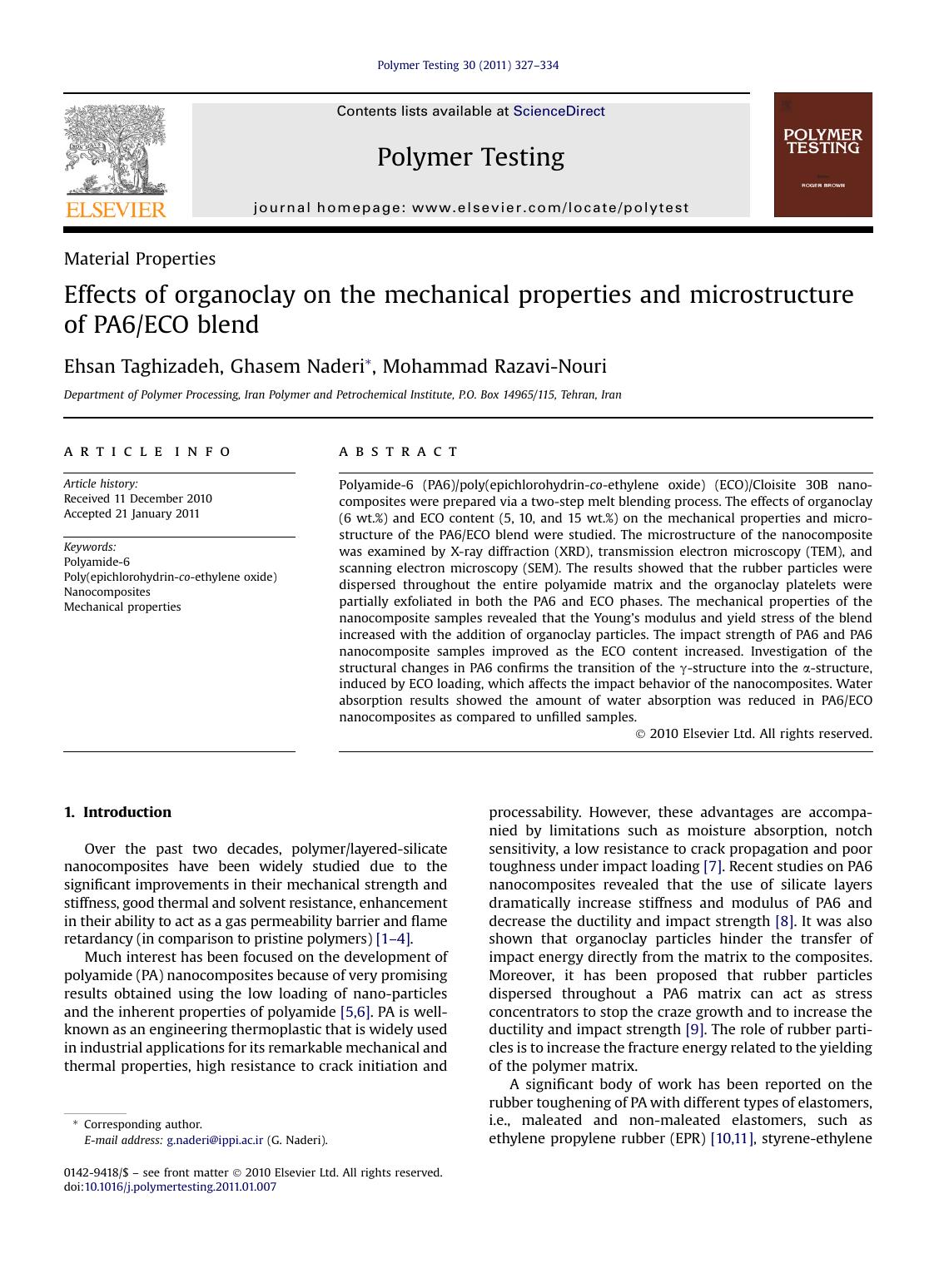 Effects of organoclay on the mechanical properties and microstructure of PA6ECO blend by Ehsan Taghizadeh & Ghasem Naderi & Mohammad Razavi-Nouri