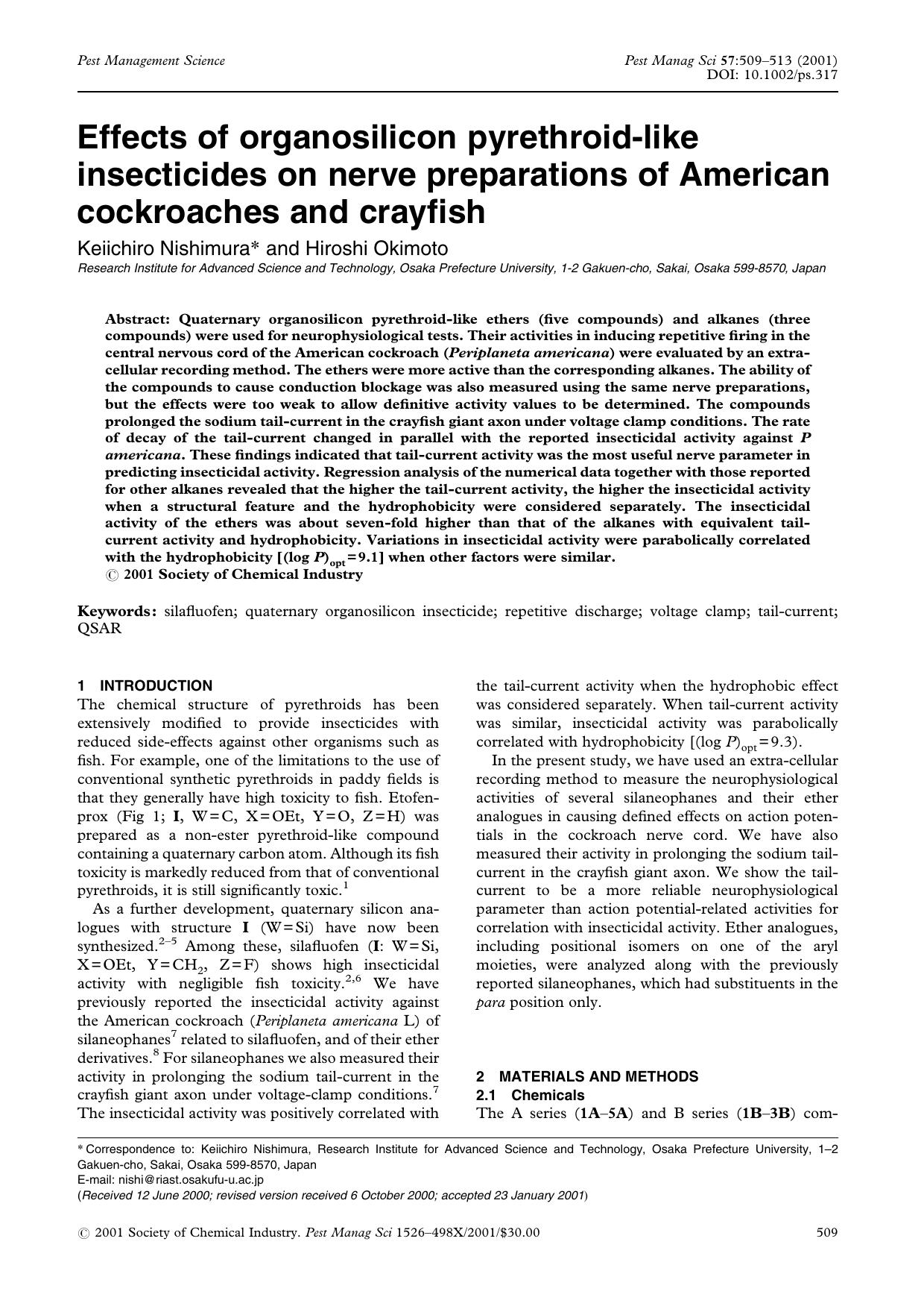 Effects of organosilicon pyrethroid-like insecticides on nerve preparations of American cockroaches and crayfish by Unknown