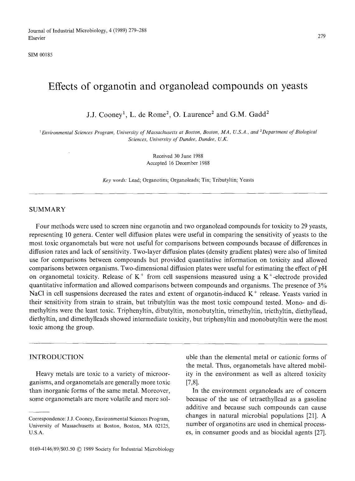 Effects of organotin and organolead compounds on yeasts by Unknown