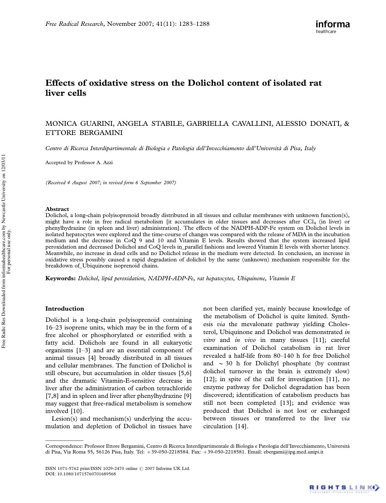 Effects of oxidative stress on the Dolichol content of isolated rat liver cells by unknow