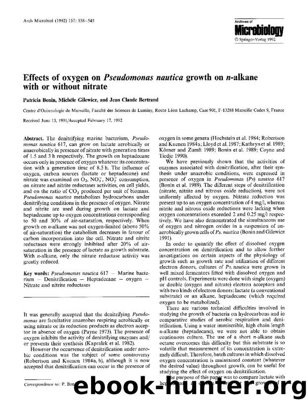 Effects of oxygen on <Emphasis Type="Italic">Pseudomonas nautica<Emphasis> growth on <Emphasis Type="Italic">n<Emphasis>-alkane with or without nitrate by Unknown