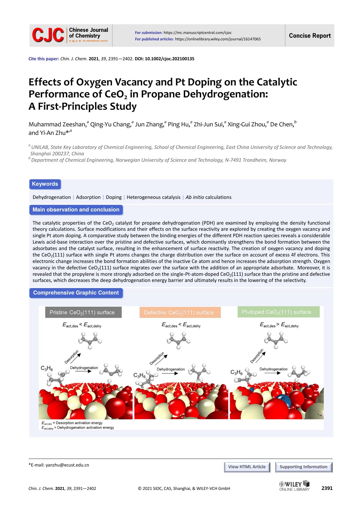 Effects of oxygen vacancy and Pt doping on the catalytic per-formance of CeO2 in propane dehydrogenation: A first-principles study by unknown