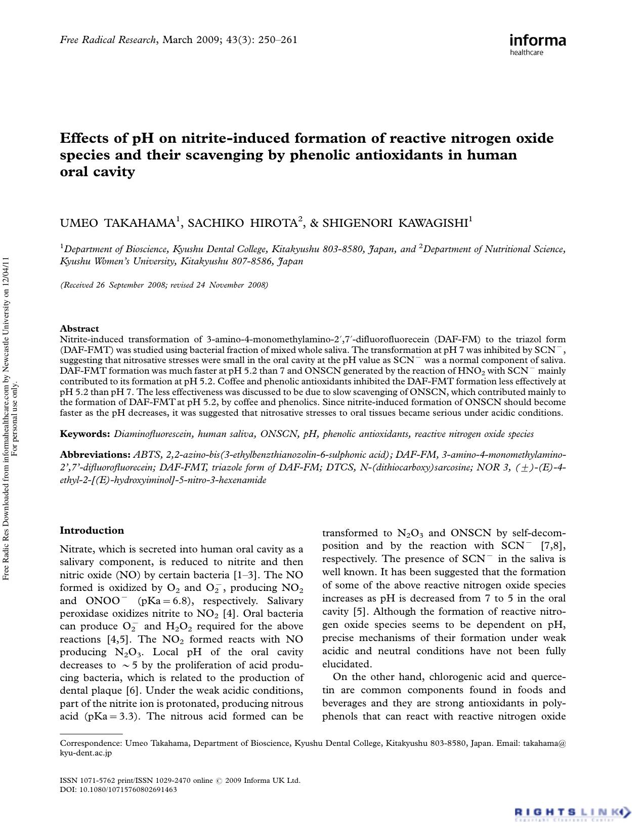 Effects of pH on nitrite-induced formation of reactive nitrogen oxide species and their scavenging by phenolic antioxidants in human oral cavity by Umeo Takahama1† Sachiko Hirota2 & Shigenori Kawagishi1