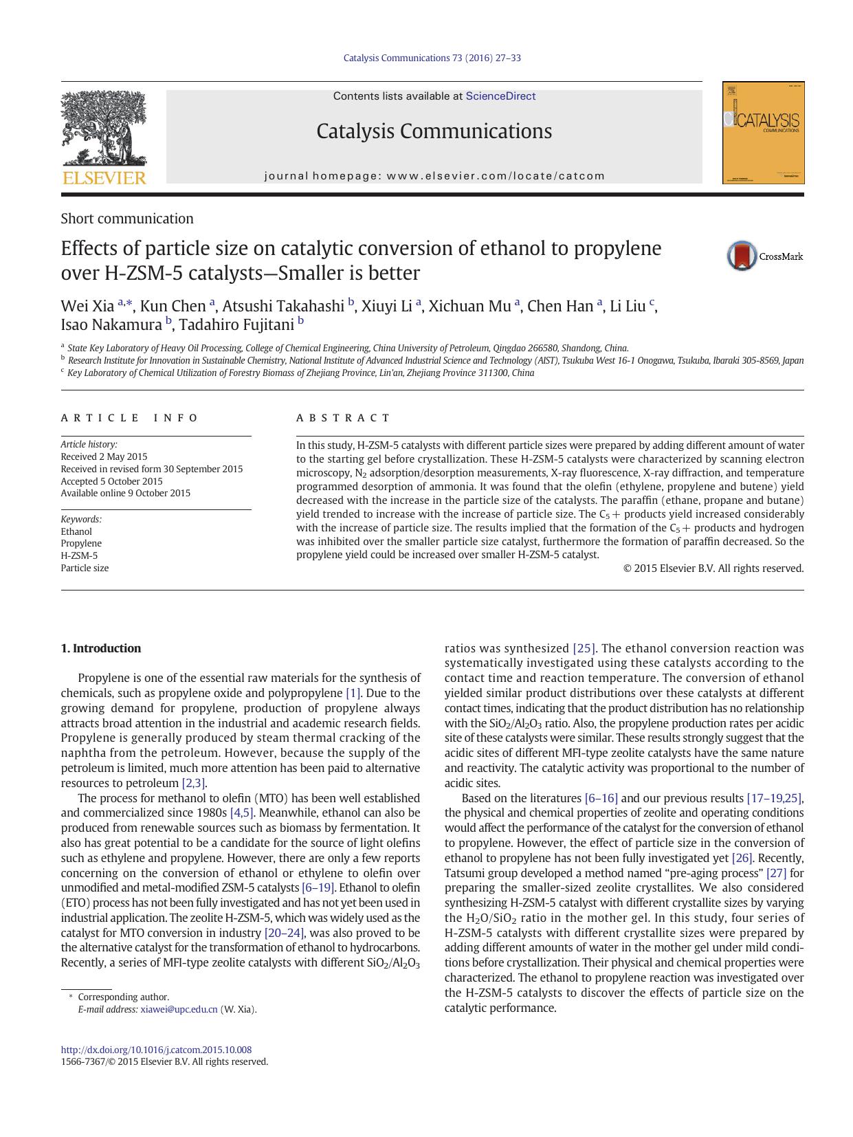 Effects of particle size on catalytic conversion of ethanol to propylene over H-ZSM-5 catalystsâSmaller is better by unknow