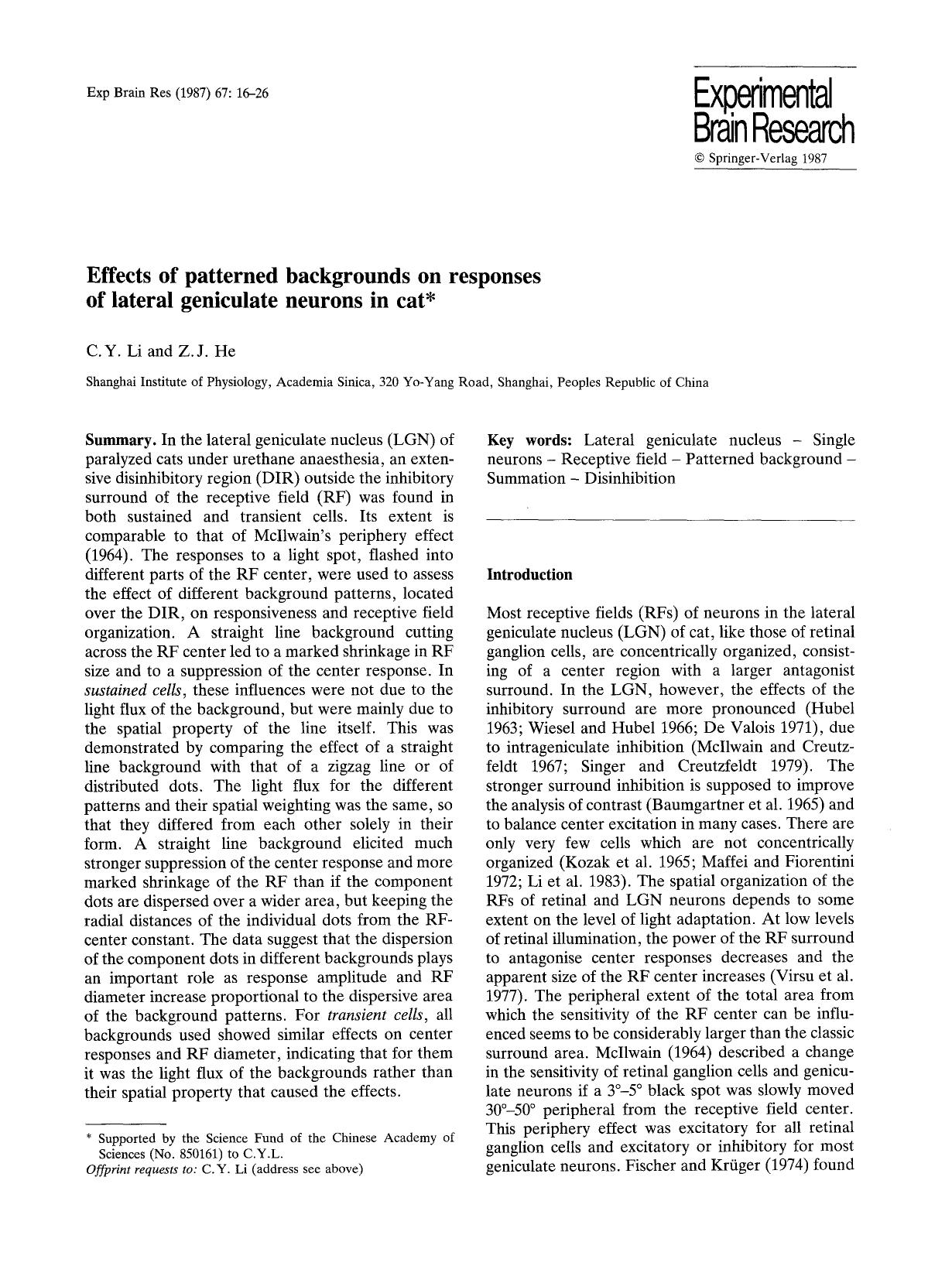 Effects of patterned backgrounds on responses of lateral geniculate neurons in cat by Unknown