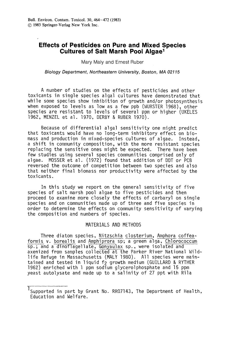 Effects of pesticides on pure and mixed species cultures of salt marsh pool algae by Unknown
