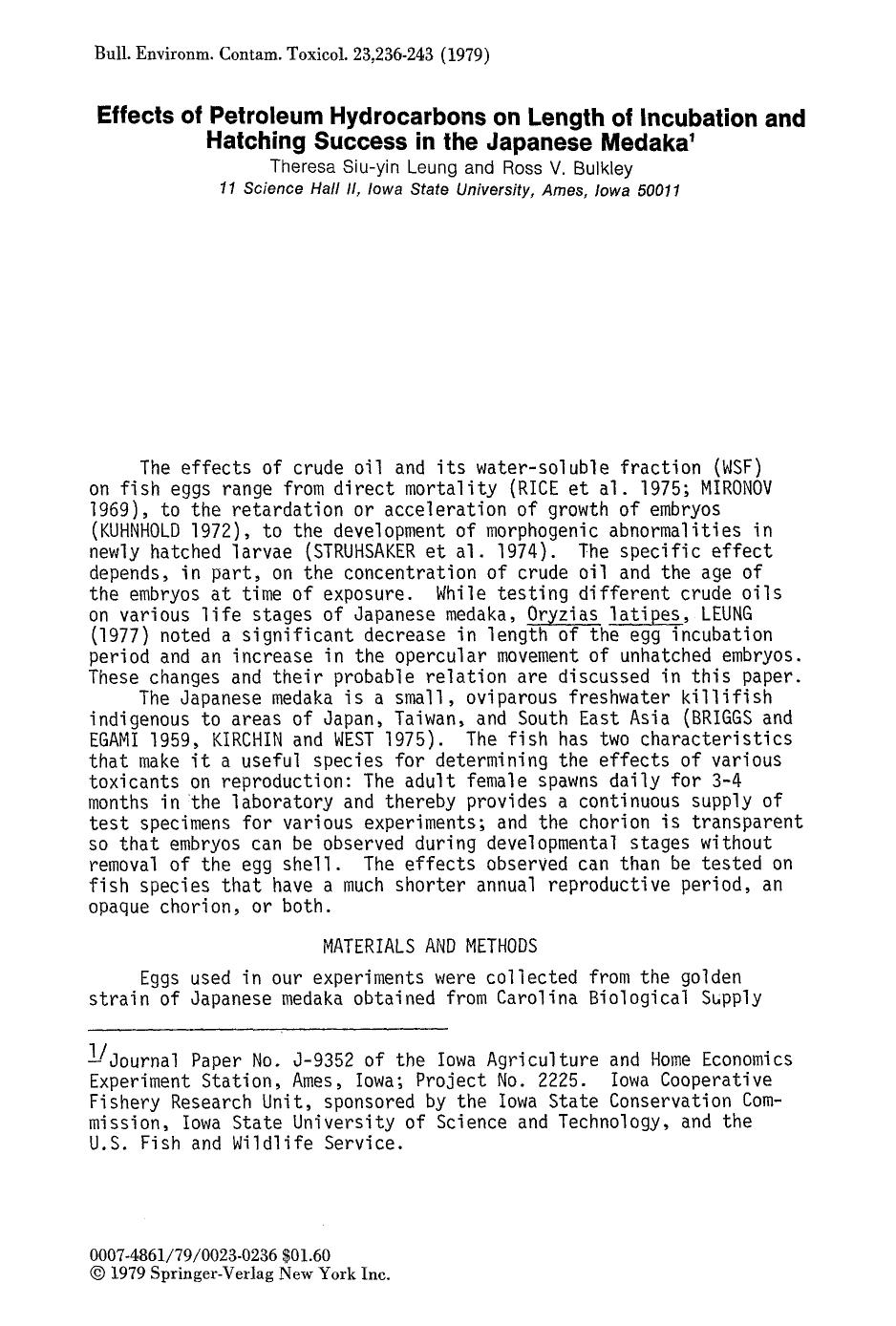 Effects of petroleum hydrocarbons on length of incubation and hatching success in the Japanese Medaka by Unknown