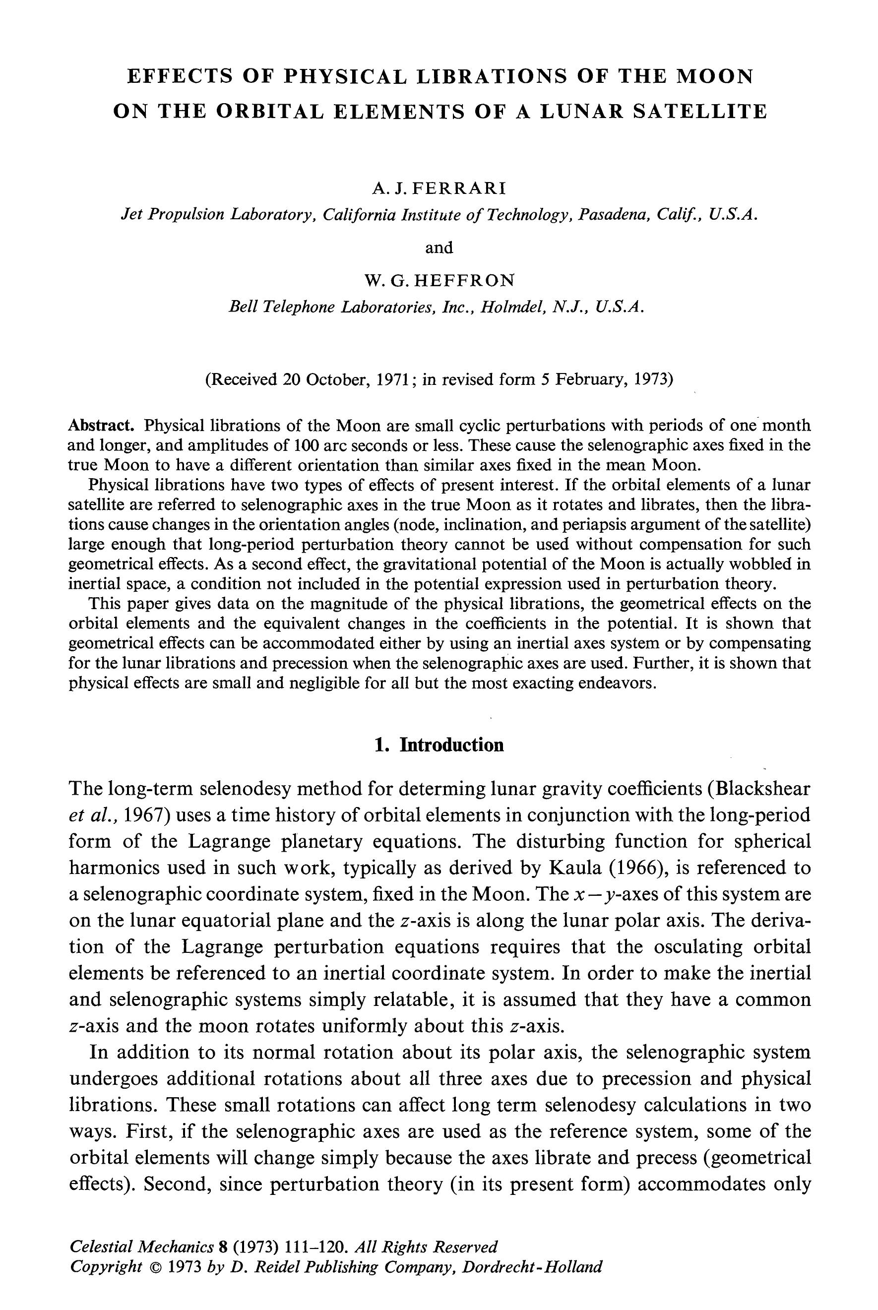 Effects of physical librations of the Moon on the orbital elements of a lunar satellite by Unknown