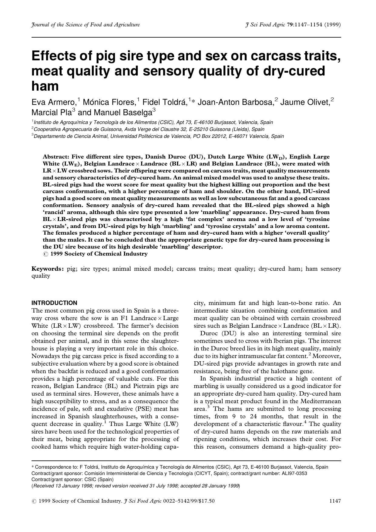 Effects of pig sire type and sex on carcass traits, meat quality and sensory quality of dry-cured ham by Unknown